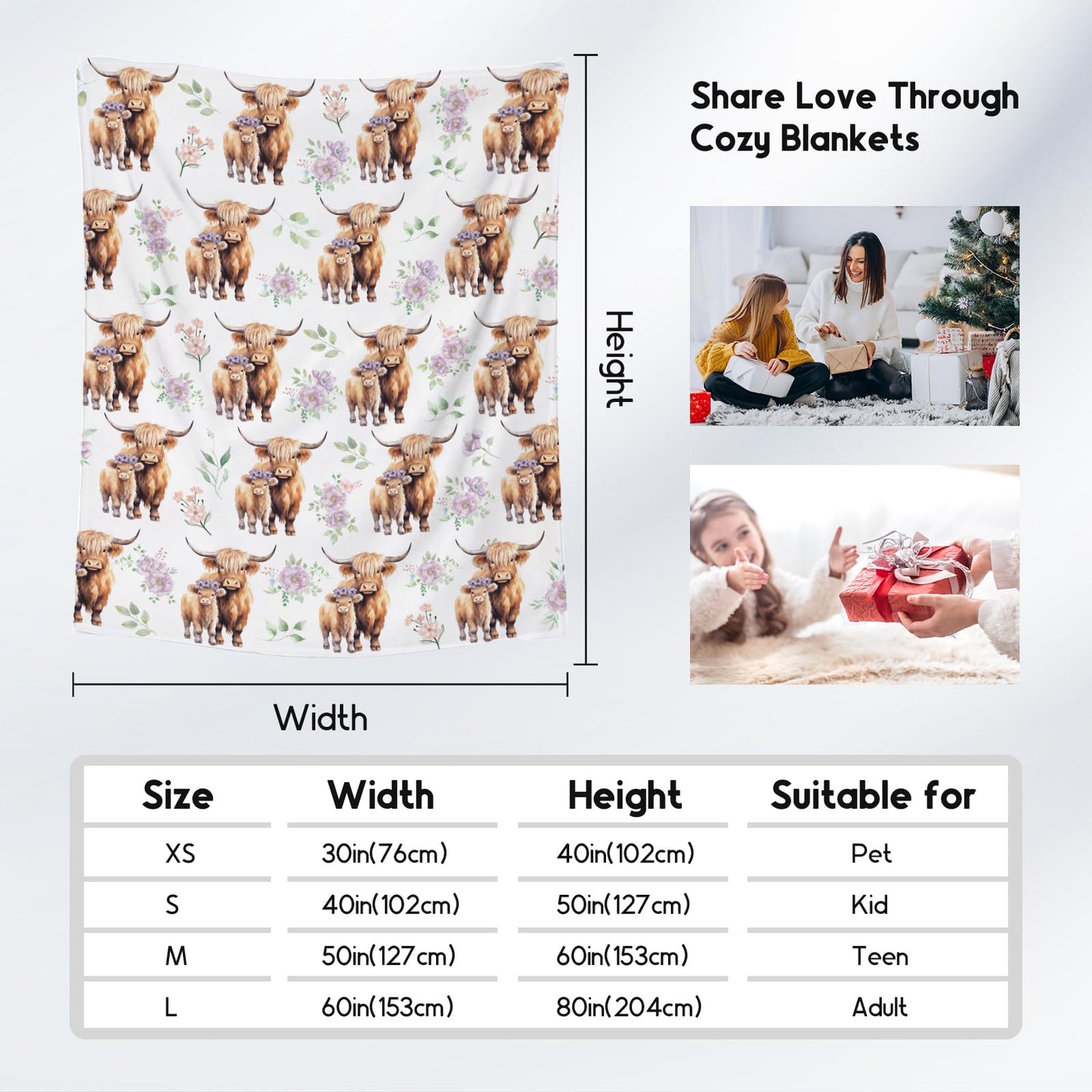 Highland Cow Blanket for Kids, Cozy Soft Throw Gifts, Cute White Flannel Throw Blankets for Couch Office, 30x40 Inches