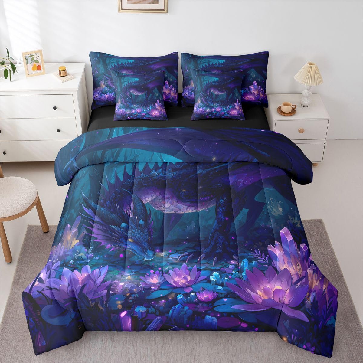 Feelyou Dragon Comforter Set with Sheets 7 Piece Twin Size Dragon Stuff Bedding Set for Kids Boys Girls Wild Life Bed in a Bag Magic Wildlife Room Decor Purple and Black Soft Lightweight Microfiber