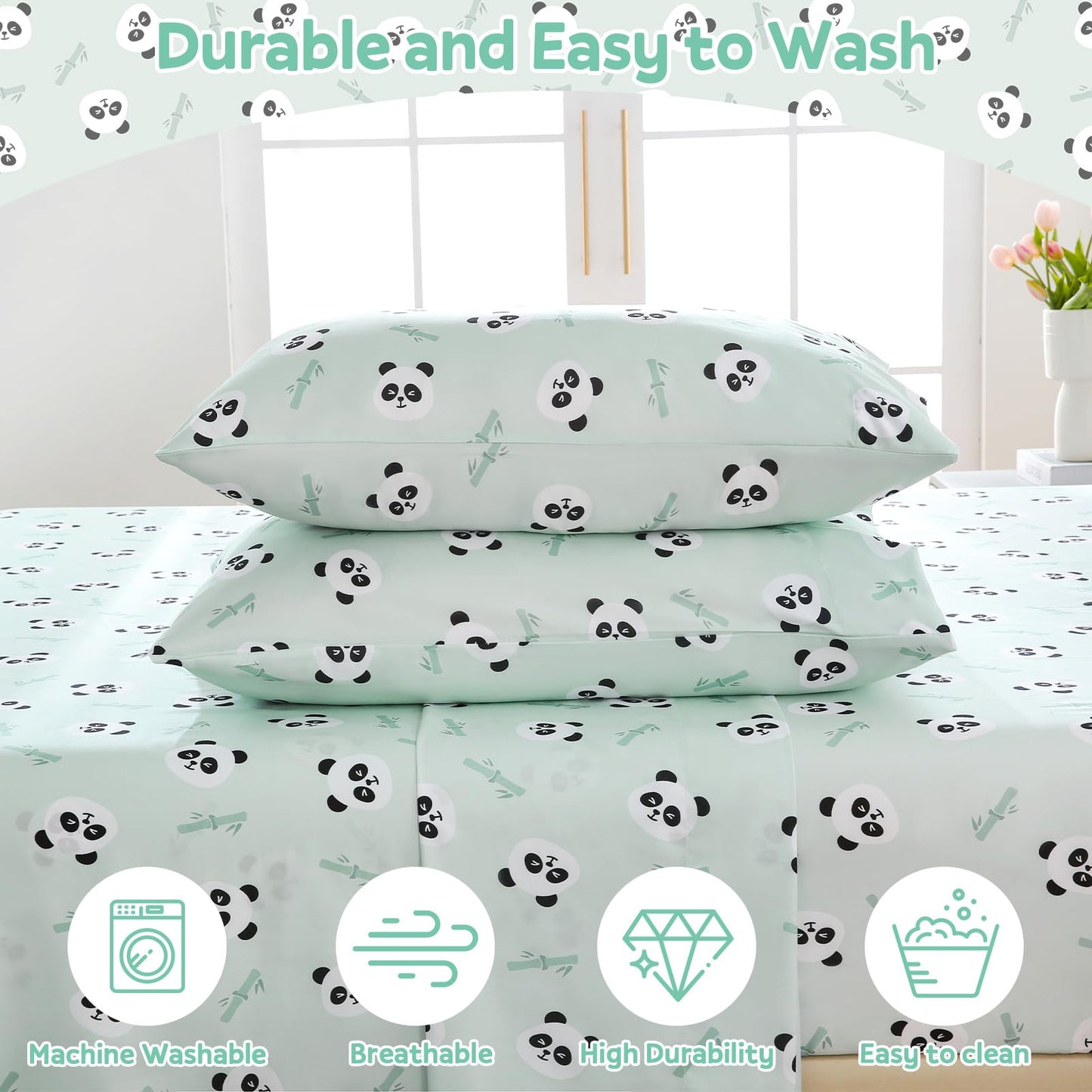ChicView Twin Sheet Set Kids,3 Pieces Breathable Soft Microfiber Bedsheets for Child Boys Girls, Anti Pilling Deep Pockets Easy Care Bed Sheets, Panda