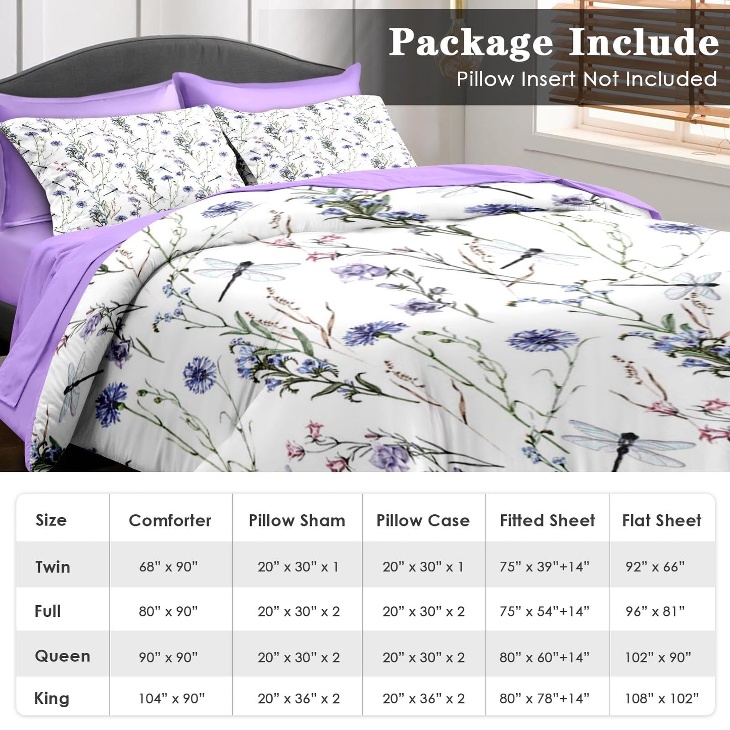 Pamnest Comforter Set Twin Size, Botanical Flower Dragonfly 5 Pcs Bedding for Kids and Adults, Herb Plant Wildflowers Bed Sheet Sets with Fitted Sheet Pillowcase & Sham for Bedroom Bed Decor