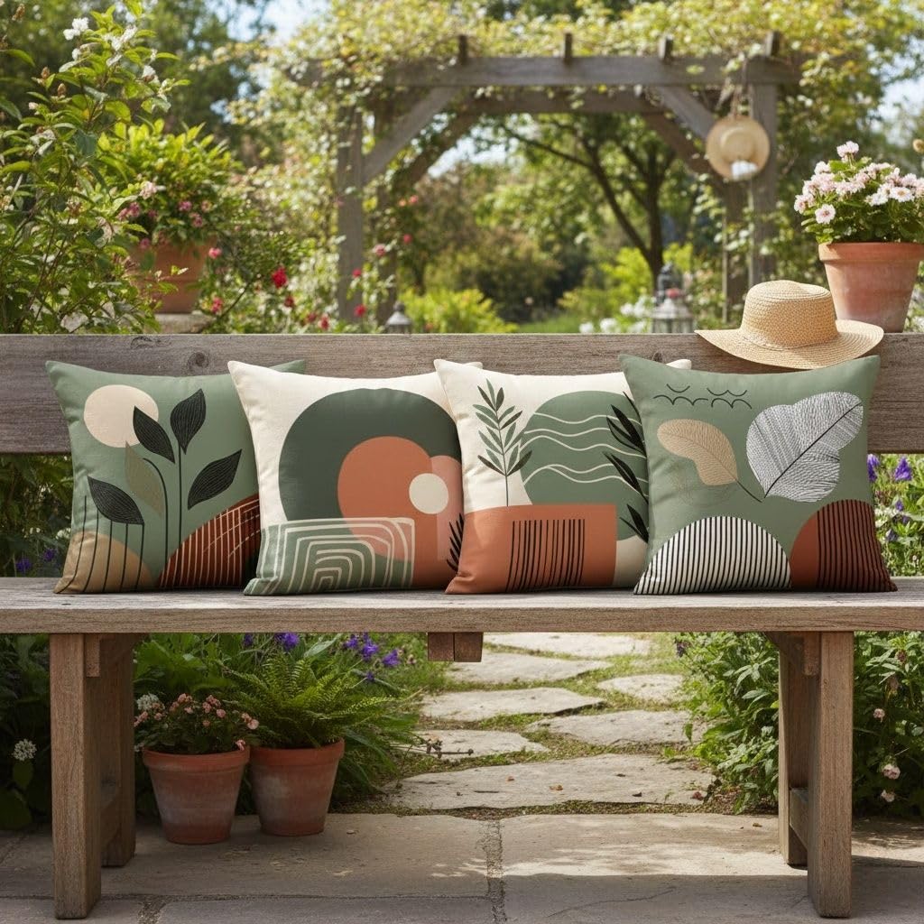 Hopomoon Green Abstract Throw Pillow Covers 18x18 Inches Set of 4,Sage Green and Terracotta Mid Century Modern Botanical Leaves Sun Decor Plush Pillowcases for Sofa Couch Living Room