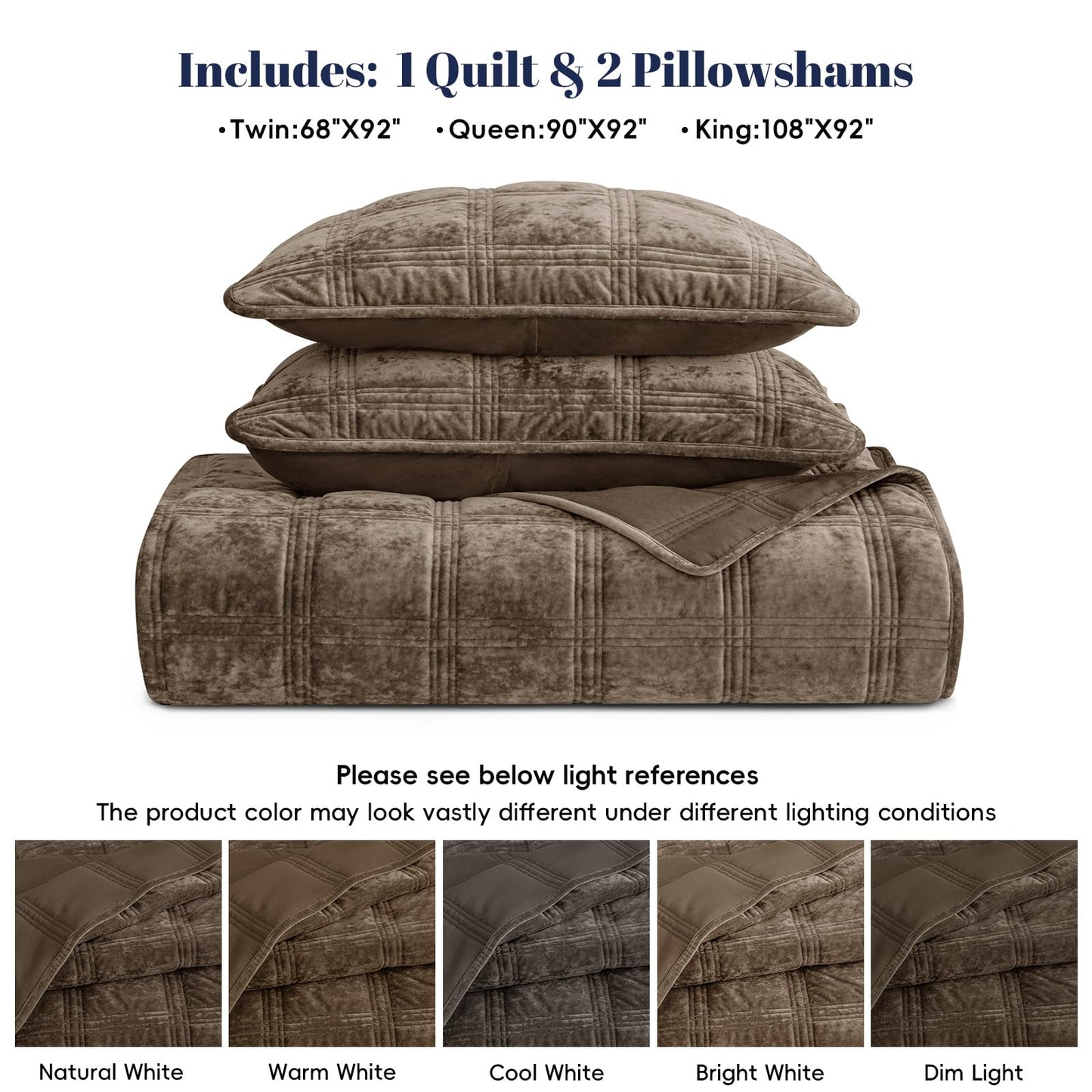PHF Ultra Soft Velvet Quilt Set Queen Size – 3PCS Luxurious Cozy Quilted Comforter Alternative with Diamond Pattern, Warm Quilted Bedspread Coverlet, 90" x 92", Cub