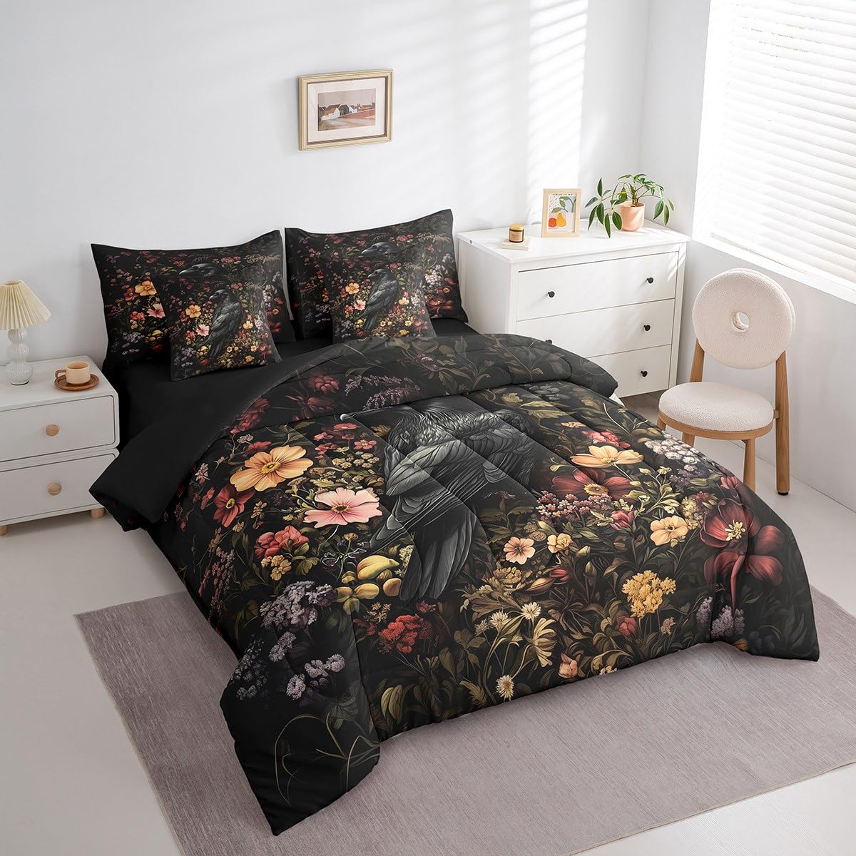 Erosebridal Crow Comforter Set King Size,Gothic Themed Animal Bedding Set for Kids Teens,Groovy Flower (Comforter+Fitted+Flat Sheet+2 Pillowcases+2 Throw Pillow Covers) 7 Pieces Bed Set