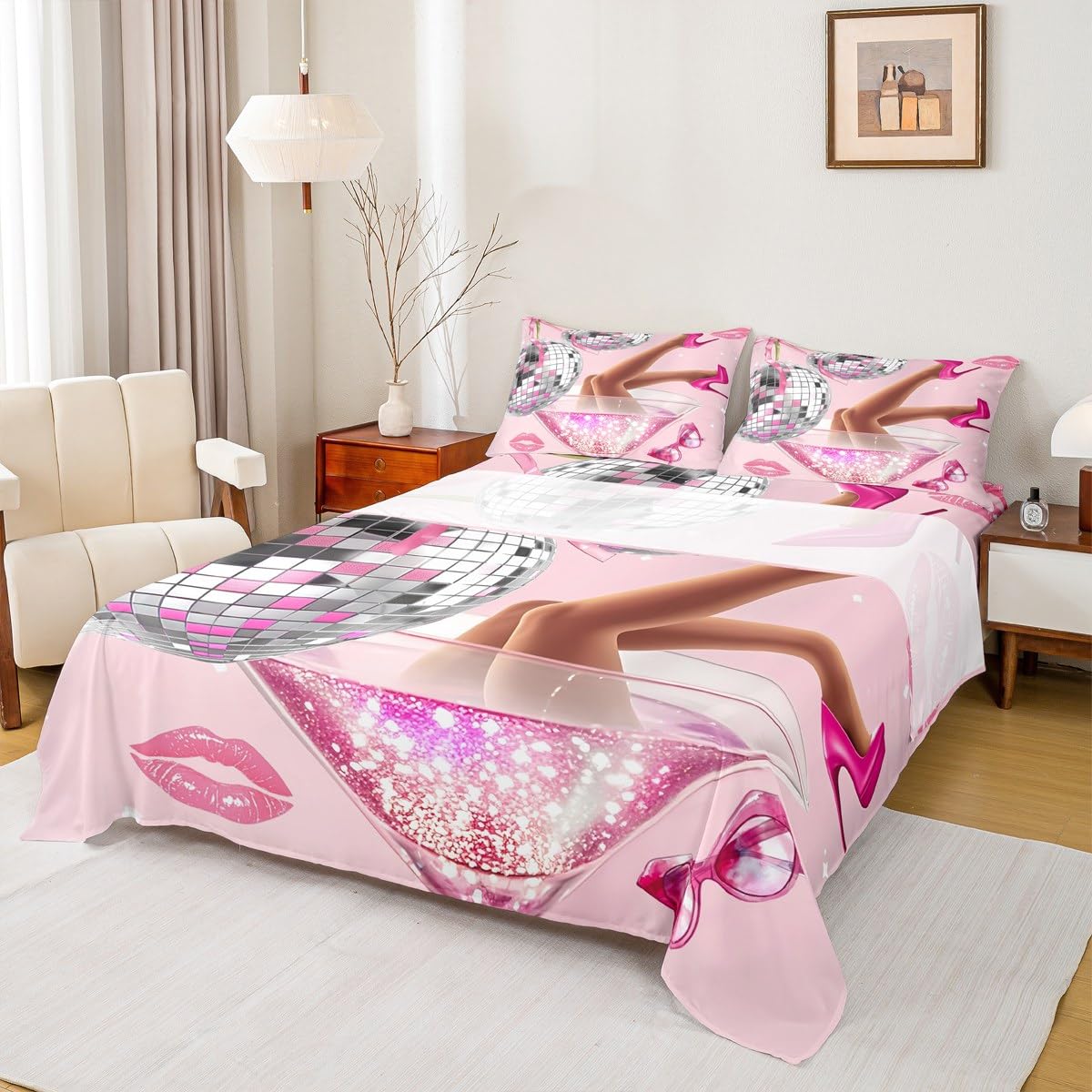 Erosebridal Pink Disco Ball Sheet Set King Size for Teens Girls Retro 70s Cherry Bow Preppy Bed Sheets Lips Modern Sheets Fantasy Fashion Coquette Aesthetic Bedding Set for Women