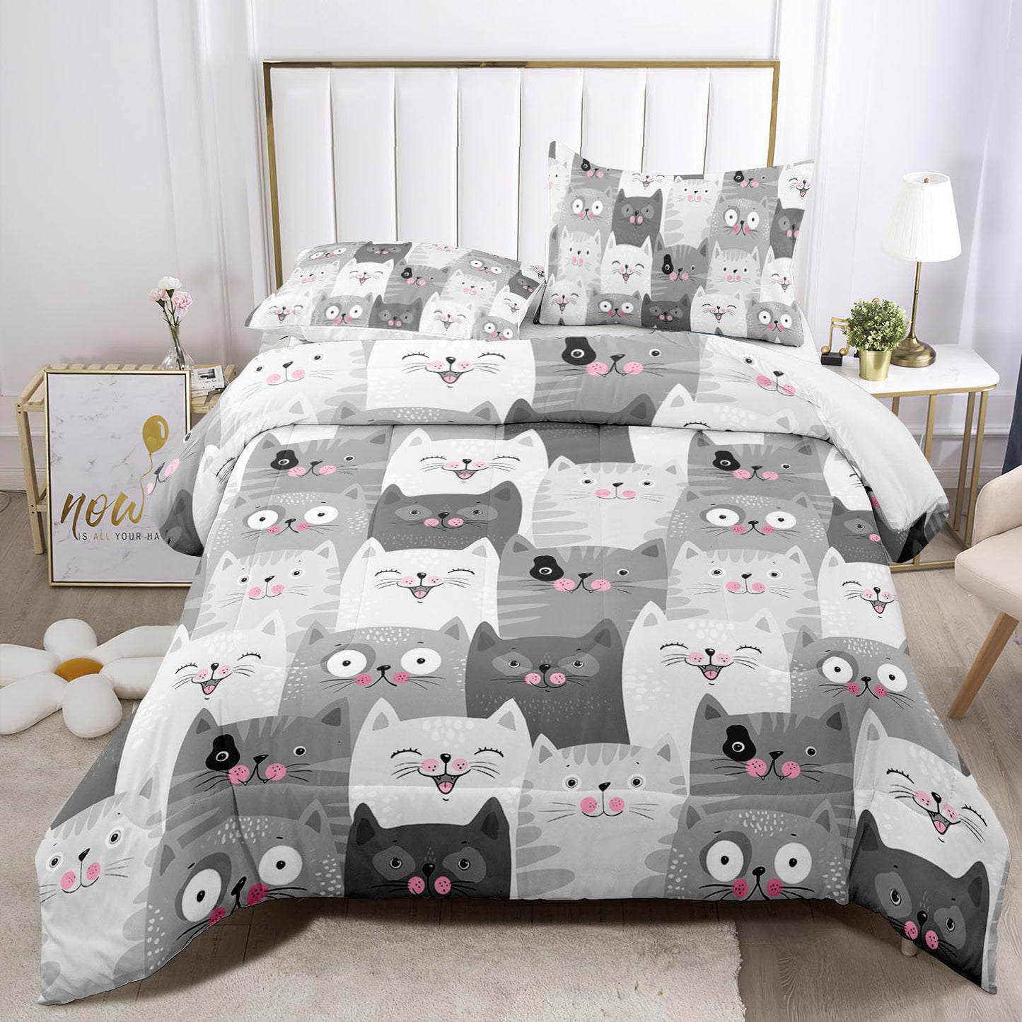 Raphus cucullatus Girls Twin Comforter Set Cat,Kawaii Cat Twin Bedding Sets for Girls,Cute Comforter Sets Twin Size Bed,Kids Animal Print Bedding Set,Girl Grey Bedding 3 Piece Twin Bed Set