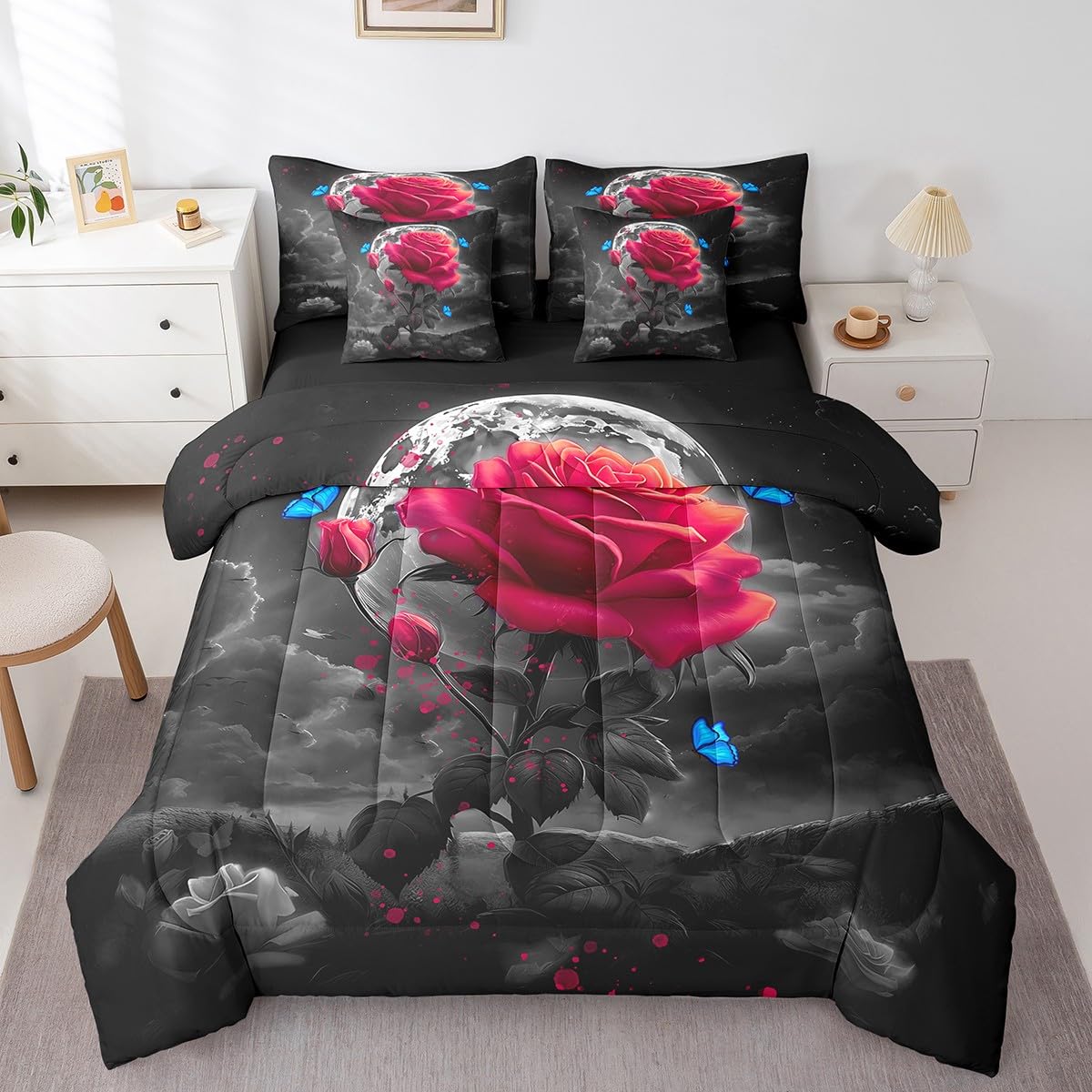 Feelyou Red Rose 7 Piece Bedding Set for Adult Couple Full Size Blue Butterfly Comforter Set with Sheets Boys Girls Flower Floral Bed in a Bag Moon Night Bed Set