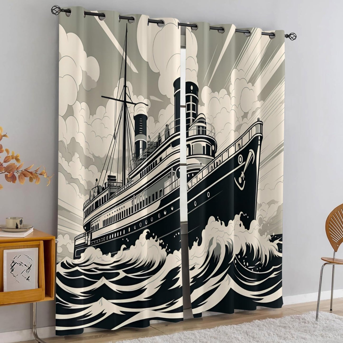 XAFIAUR Vintage Cruise Ship Blackout Curtains, Steamship Curtains for Living Room, Nautical Style Black Out Bedroom Curtain Thermal Insulated Grommet Drapes 2 Panels, for Boys Room 26" W x 63" L x2