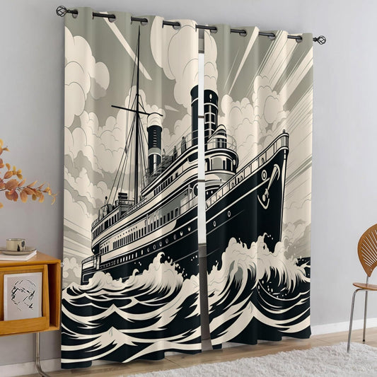 XAFIAUR Vintage Cruise Ship Blackout Curtains, Steamship Curtains for Living Room, Nautical Style Black Out Bedroom Curtain Thermal Insulated Grommet Drapes 2 Panels, for Boys Room 26" W x 63" L x2