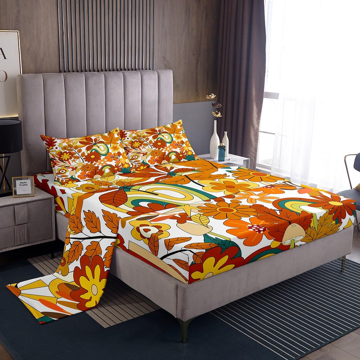 70S Groovy Hippie Flower Bed Sheets Girls Boho Rainbow Leaves Mushroom Pumpkin Flowers Sheet Set Full,Vintage Wavy Floral Bedding Set Aesthetic Psychedelic Fitted Sheet + Flat Sheet + 2 Pillow Cases
