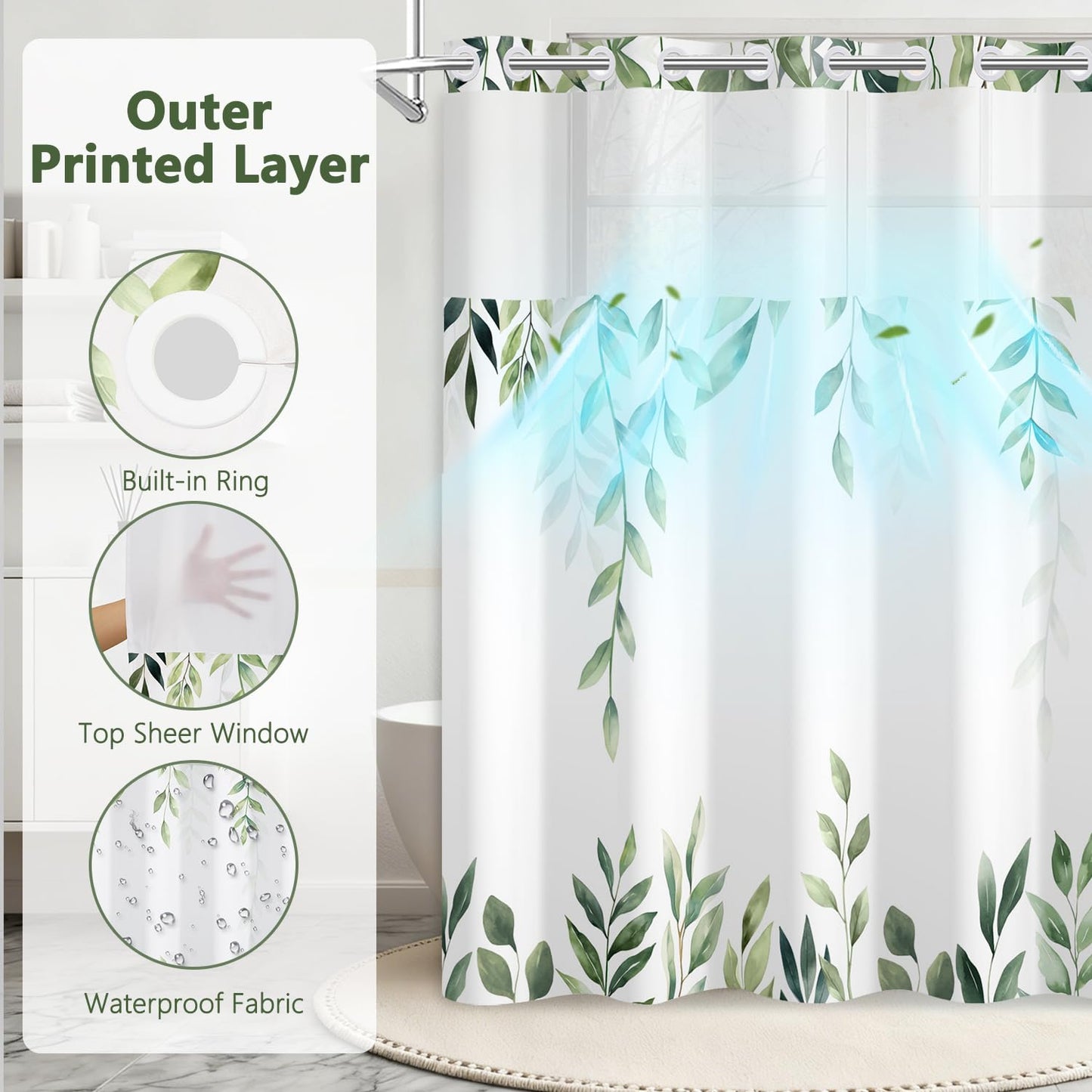 No Hook Light Green Leaves Shower Curtain with Snap in Liner, Waterproof Double Layers Fabric Shower Curtain, Modern Farmhouse Nature Botanical Bathroom Curtains with Top Sheer Window, 71x74 Inch