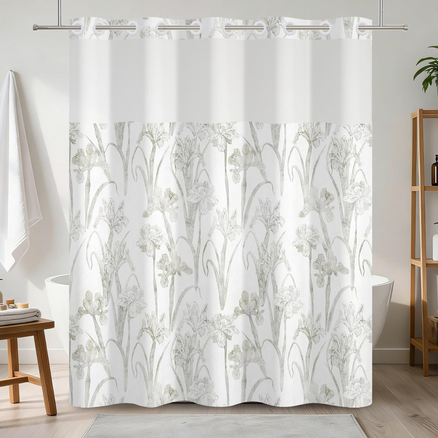 NAEMBCU No Hook Floral Shower Curtain with Snap in Fabric Liner, Botanical Shower Curtains for Farmhouse Bathroom, Mesh Top Window and Waterproof Washable, 71x74 Inch