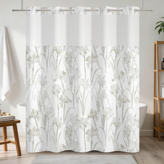 NAEMBCU No Hook Floral Shower Curtain with Snap in Fabric Liner, Botanical Shower Curtains for Farmhouse Bathroom, Mesh Top Window and Waterproof Washable, 71x74 Inch