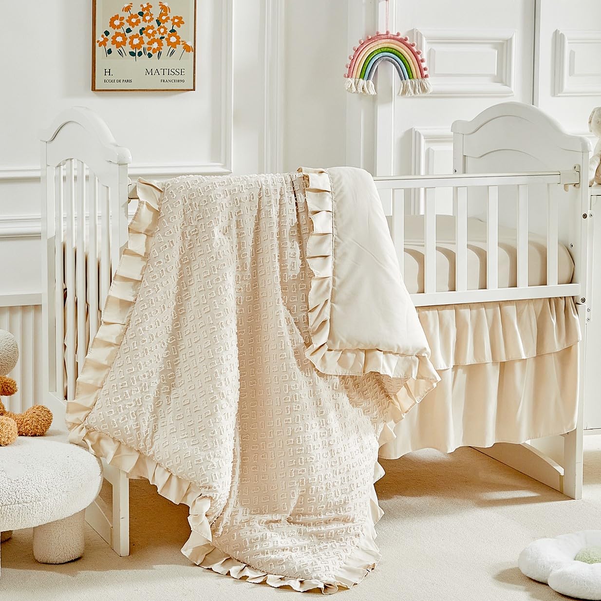 3 Pieces Tufted Crib Bedding Set with Ruffle Fringe, Beige Ruffled Comforter with Fitted Sheet and Bed Skirt , Soft and Embroidery Shabby Chic Boho Bohemian Jacquard Design for Baby Girls Boys