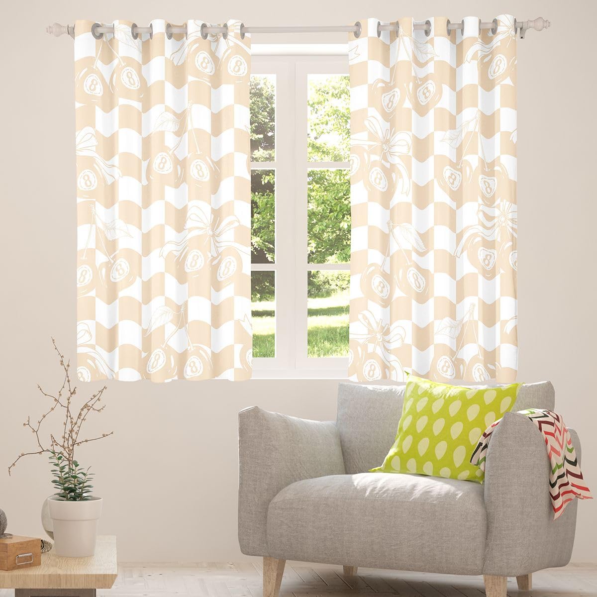 Erosebridal Lucky 8 Ball Window Curtains 42" Wx63 L Girly Fashion Y2K Blackout Curtains for Bedroom,Coquette Cherry Bow Window Treatments Preppy Beige Checkerboard Plaid Drapes Decor 2 Panels