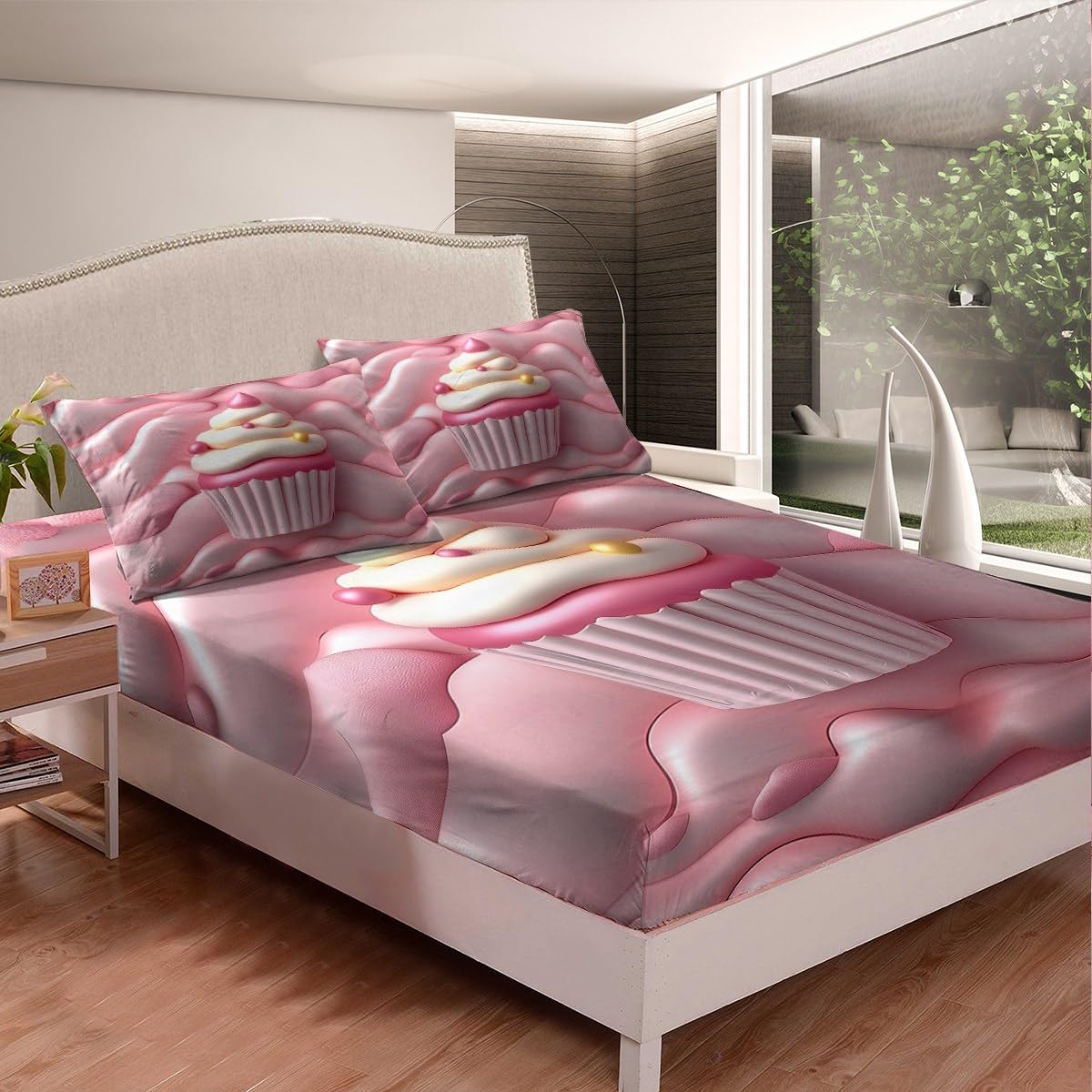 Erosebridal Cute Cake Bed Sheets Set Full for Girls,Lovely Dessert Flat Fitted Sheet Kawaii Decor, Pink Girly Bed Set for Kids Adult, Soft Microfiber Bedding Sets for Bedroom, 2 Pillow Cases
