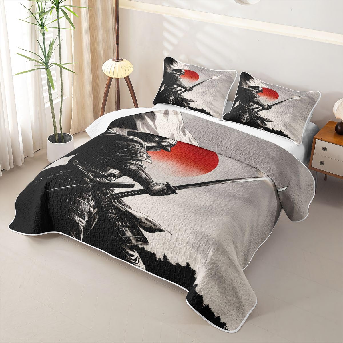 Erosebridal Boys Samurai Quilt Twin Size - Sunrise Journey Bedspread Red Sun Japanese Style Bed Coverlet with 1 Pillowcase