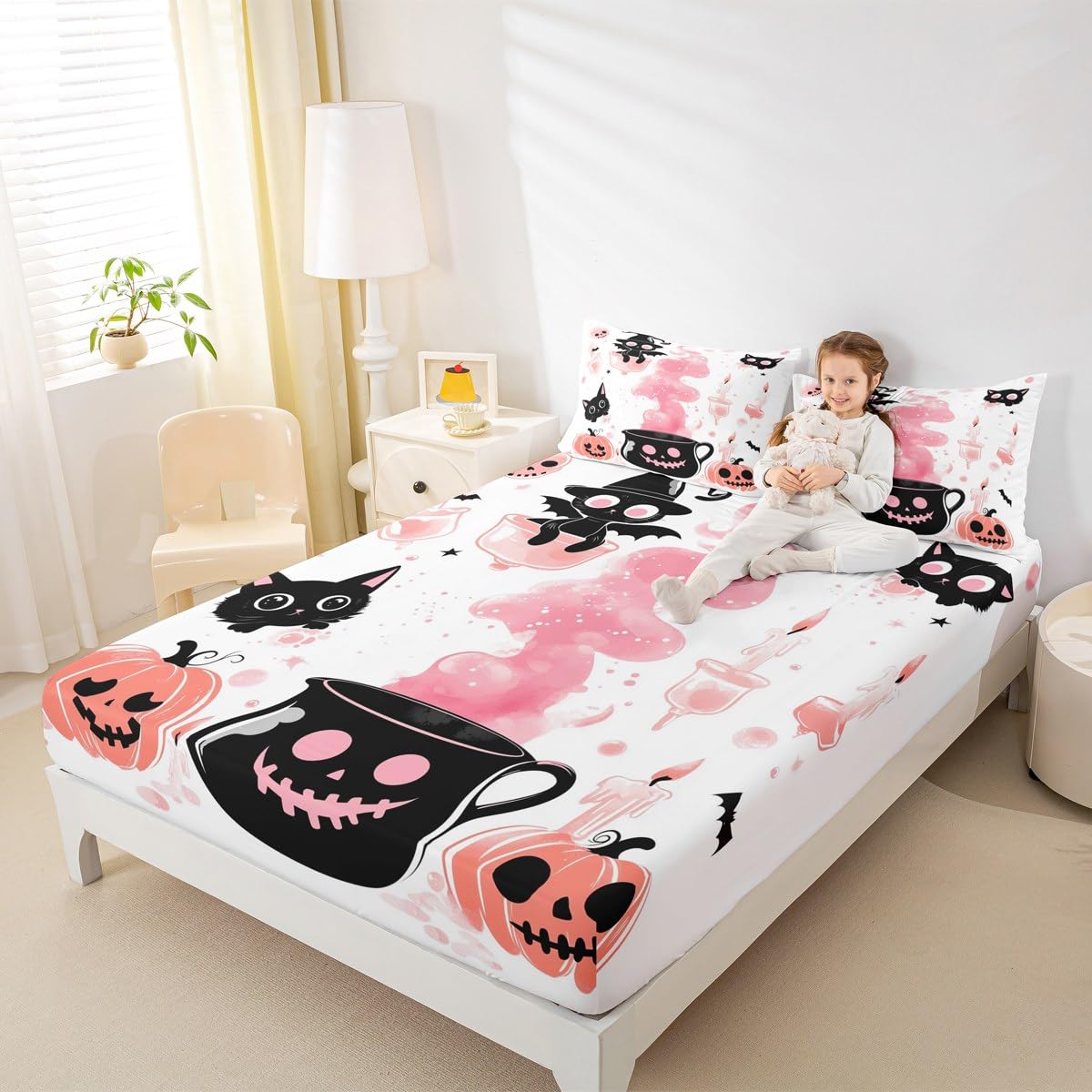 Feelyou Kids Halloween Bed Sheet Set Full Size, Pumpkin Fitted Sheet Boys Girls Cute Ghost Bedding Set Black Cat Teens Bedroom Decor with 2 Pillow Case (No Flat Sheet)