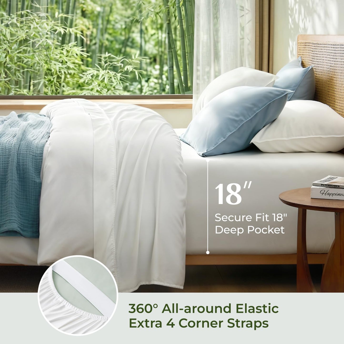 BEDELITE Bamboo Viscose Sheets - 100% Organically Grown, Up to 18" Deep Pocket Queen Sheet Set, All Round Elastic & Corner Straps, Luxury Silky Soft Cooling Sheets for Hot Sleepers, 4 Pieces, White