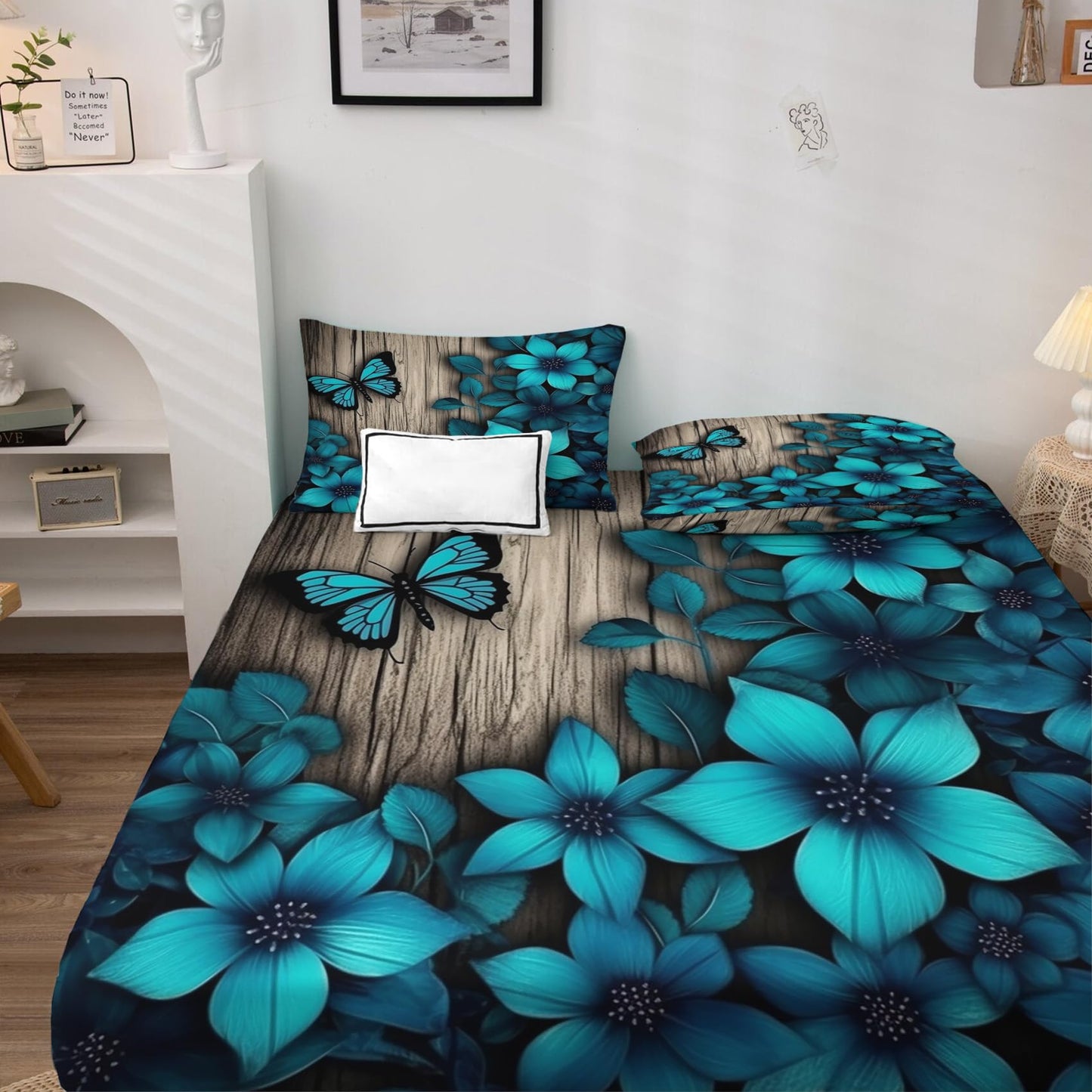 zcsm Rustic Wooden Sheets King Size - Turquoise Butterfly Floral Bed Sheets, Soft Microfiber & Deep Pocket & Wrinkle Free Bedding Sheets & Pillowcases, 1 Fitted Sheet, 1 Flat Sheet, 2 Pillow Cases