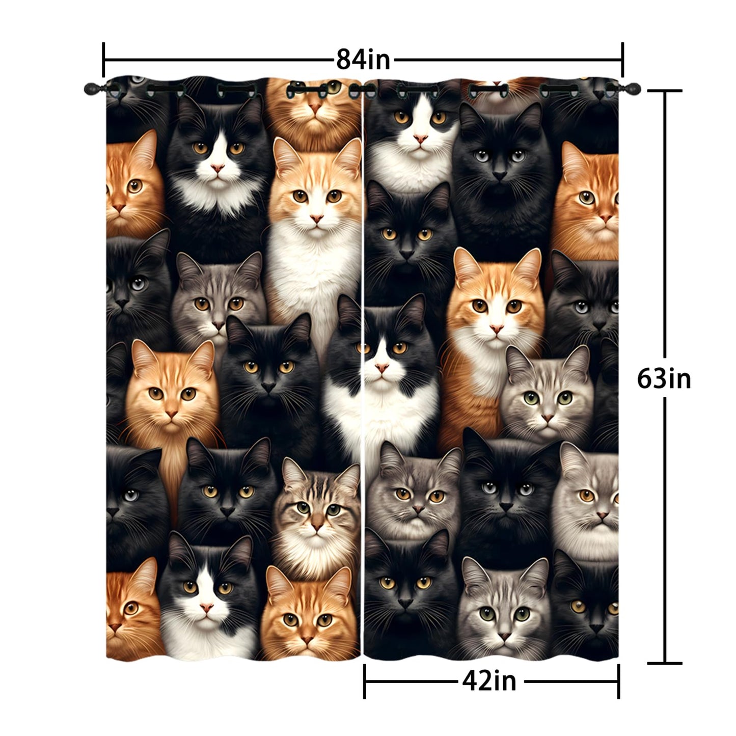AILONEN 3D Cat Head Window Curtain,Cute Kitten Pet Curtain Tiers for Teens Bedroom Decor,Kawaii Animal Theme Window Treatment Drapes for Living Room Decor, 42" W x 63" H 2 Panels