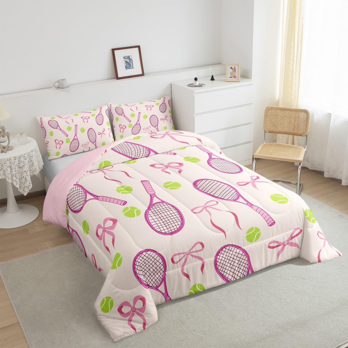 Tennis Kids Full Comforter Sets,Girls Sport Cute Bowknot Reversible Bedding Set for Boys Teens,Outdoor Sport Ball Game Quilt Set 3 PCS,Pink Yellow Cute Princess Duvet Insert,2 Pillow Cases