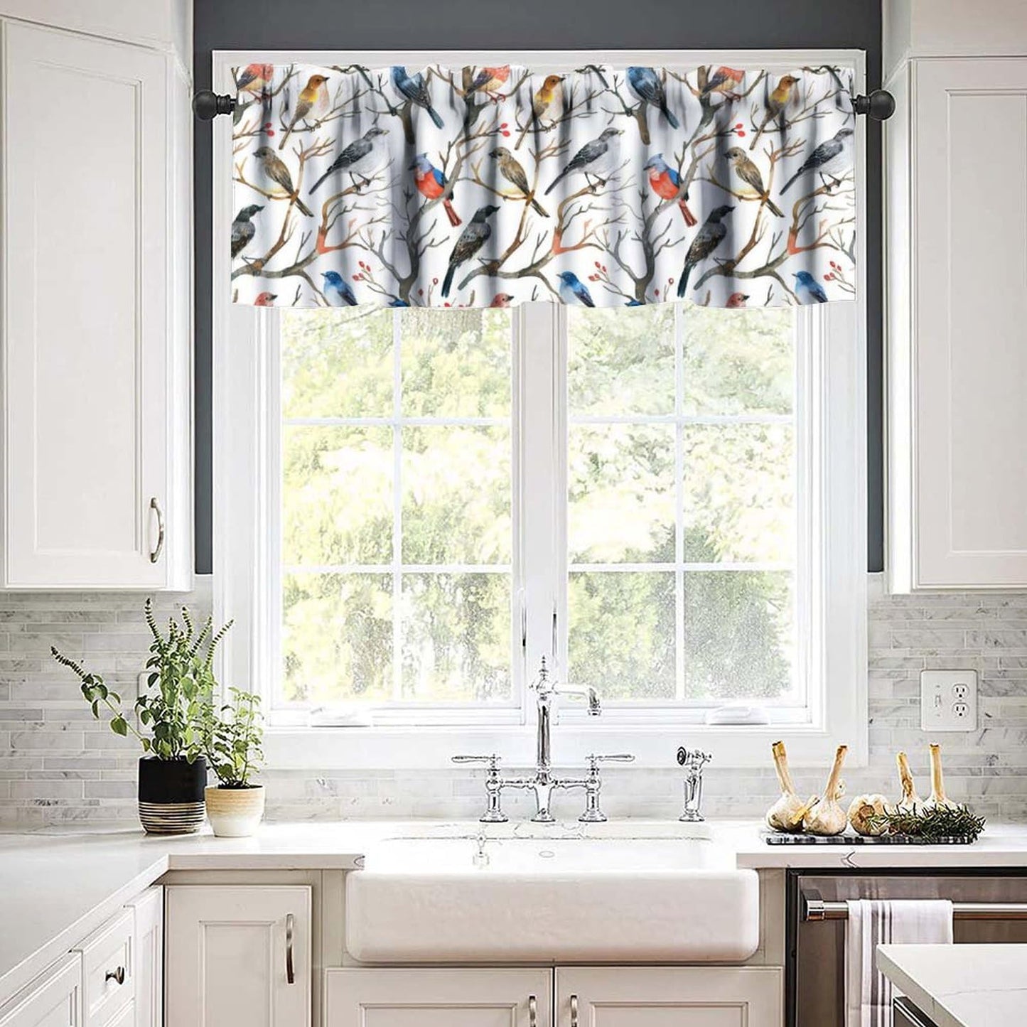 Yearn Jear Bird Flowers Kitchen Curtains Valance,Floral Nature Animal Colorful Birds Rod Pocket Curtain Valance for Kitchen, Bathroom, Living Room, Bedroom 54" X 18"
