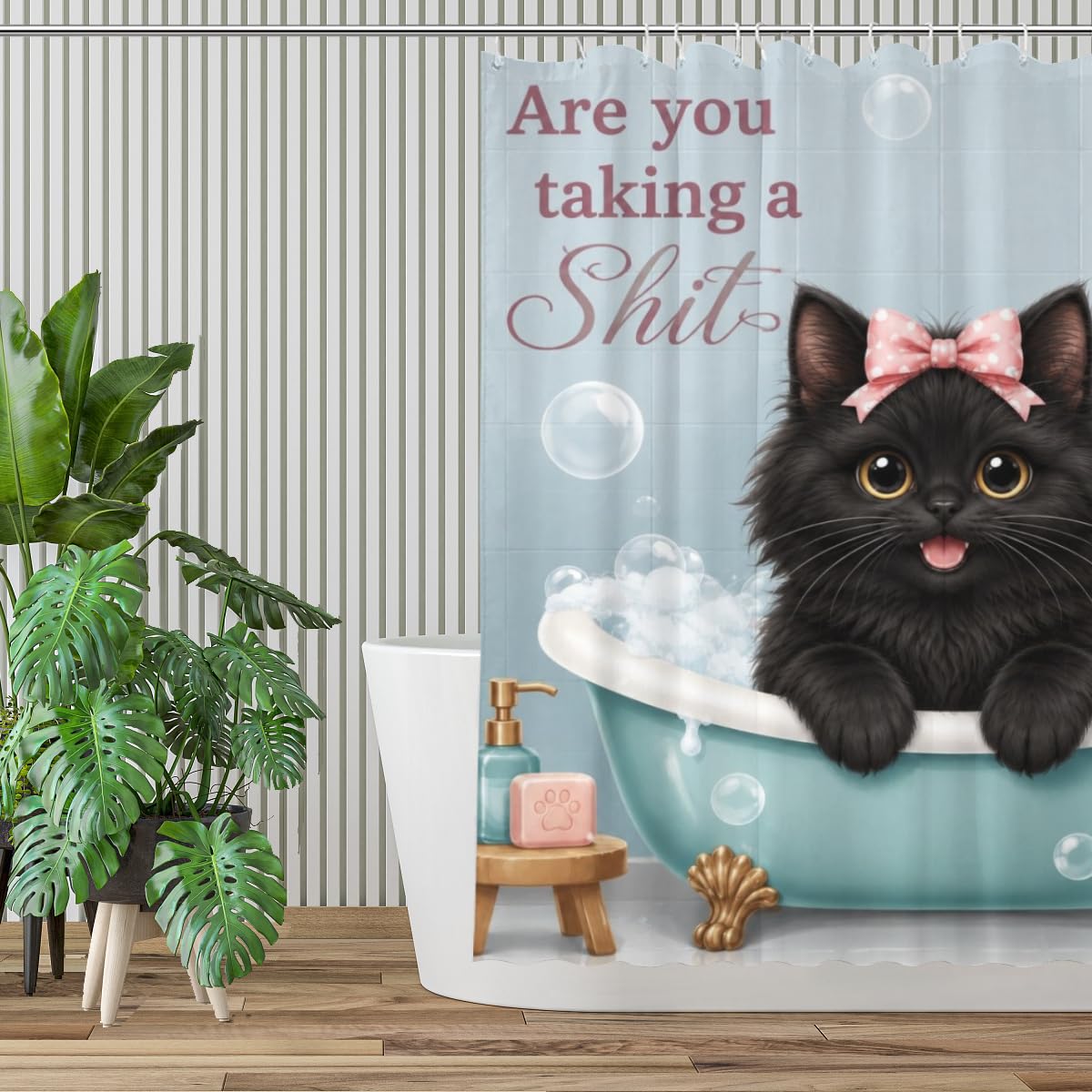 LFINKARTGOGO Cute Black Cat Shower Curtain 72x72 with 12 Hooks Bubble Bathtub Light Blue Waterproof Washable Polyester Bath Curtain for Home Hotel Decor