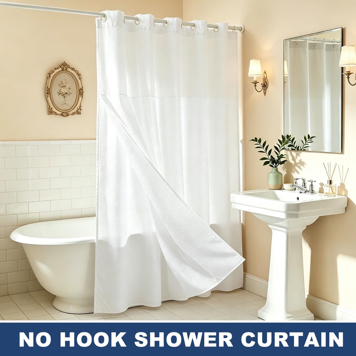 DTGN No Hook Shower Curtain, 71Wx72L Polyester Snap-in Removable Liner Set, Waterproof Washable Waffle Weave Textured Shower Curtains for Home Bathroom Hotel, Navy Blue