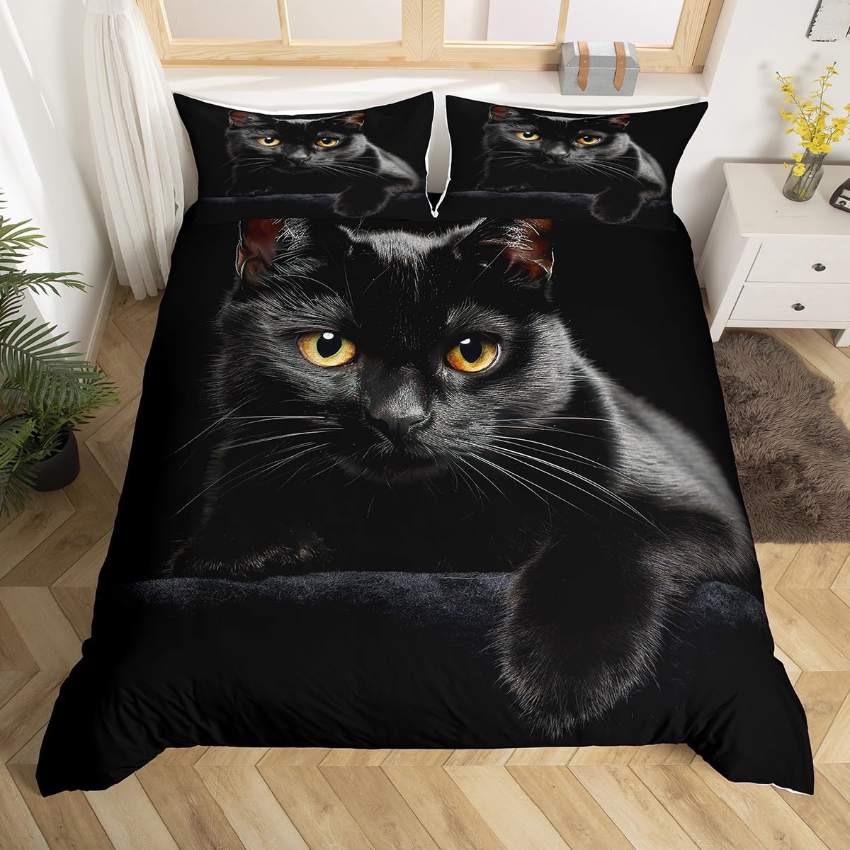 Cat Comforter Cover Pet Cats Pattern Bedding Set Cute Kitten Duvet Cover for Children Kids Boys Girls Lightweight Microfiber Mysterious Black Cat Bedspread Cover Decor 3Pcs Bedclothes Queen Size