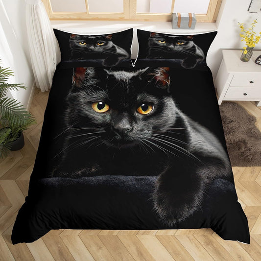Cat Comforter Cover Pet Cats Pattern Bedding Set Cute Kitten Duvet Cover for Children Kids Boys Girls Lightweight Microfiber Mysterious Black Cat Bedspread Cover Decor 3Pcs Bedclothes Queen Size