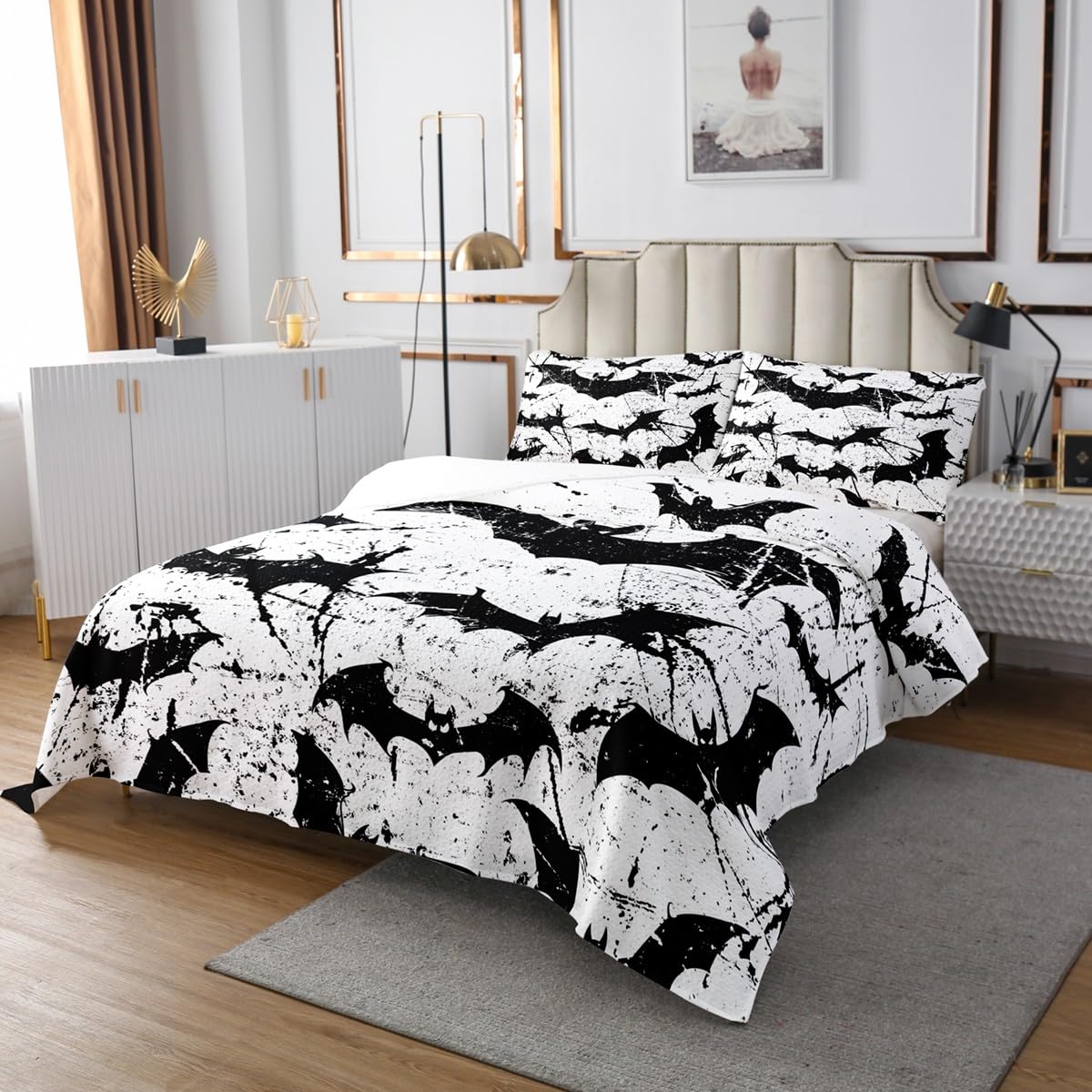 Castle Fairy Black Bat Bedspread Queen Size,Happy Halloween Bedding Set 3Pcs for Kids Boys Girls Teens Room Decor,Graffiti Black White Comforter Set Gothic Style Quilt Coverlet,2 Pillowcases