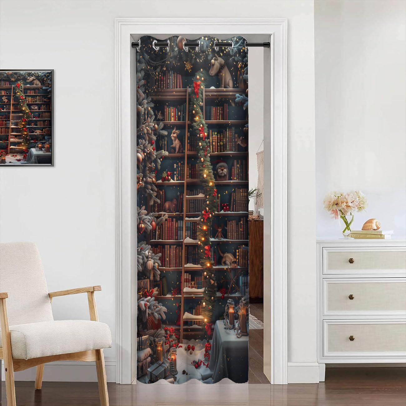 WUMINMIN Christmas Bookshelf Door Curtain for Doorway, Fantasy Library Books Room Darkening Curtain for Darkening Door Drape for Kid Teens Boys Teens, 1 Panel 34" W X 80" L