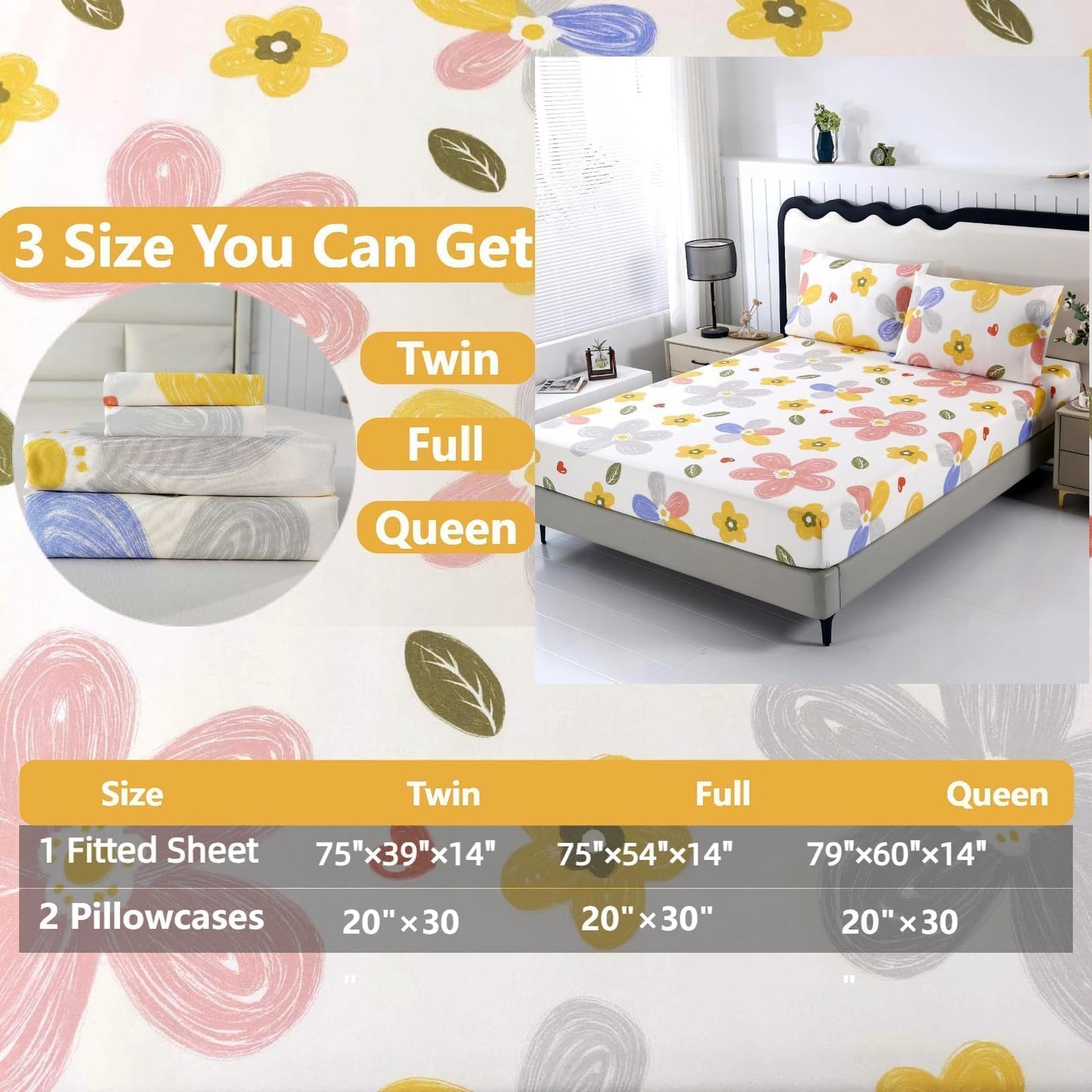 SDIII Colorful Floral Queen Fitted Sheet with 2 Pillowcases, Deep Pocket Soft Microfiber Queen Sheet Floral All Season