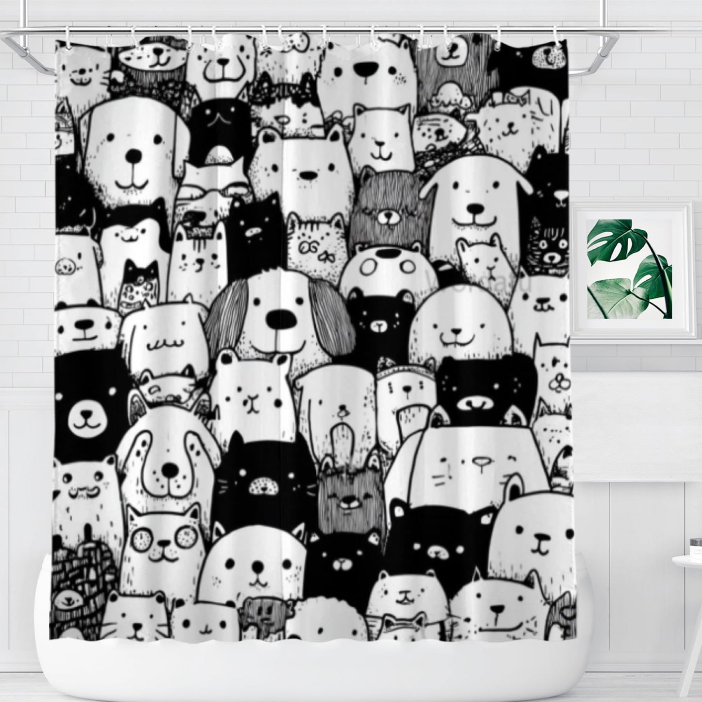 Wordatu Golden Retriever Pet Shower Curtain, Group of Dogs and Cats Animals Cloth Fabric Bathroom Decor Set 72X72 Inches, Black and White