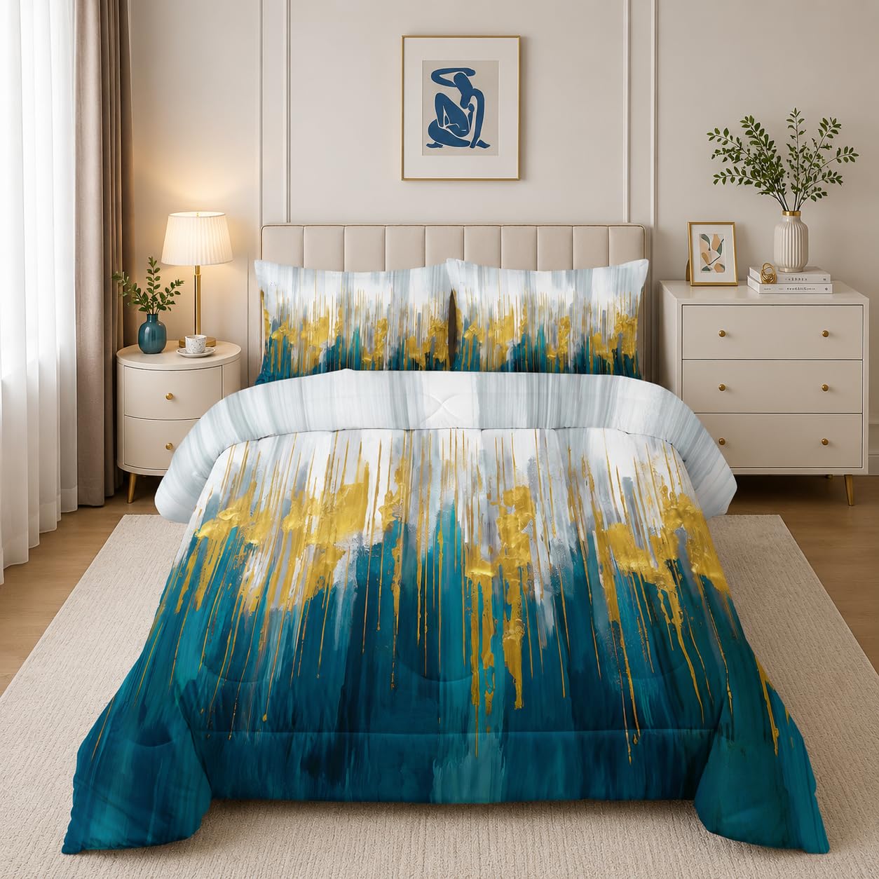 Nttopship Lake Blue White Golden Gradient Print Comforter Set King Size,Abstract Art Bedding Set,Patchwork Printed Quilted Set for Teens Adult,with 1 Comforter and 2 Pillow Case
