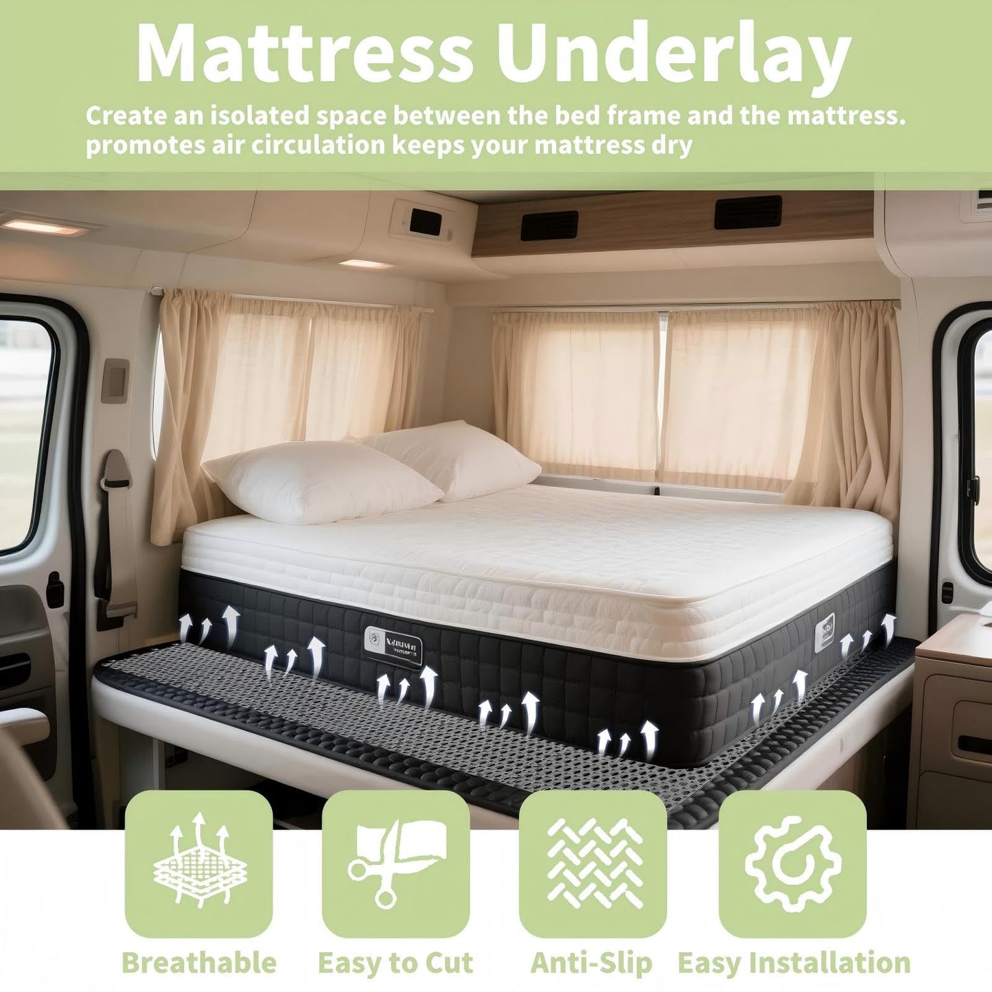 Plastic Ventilated Mattress Underlay Pad for RV Boat Camper- 83"x59" Queen Size Interlocking Modular Non Slip Design, Breathable Mesh RV Under Mattress Ventilation Air-Flow