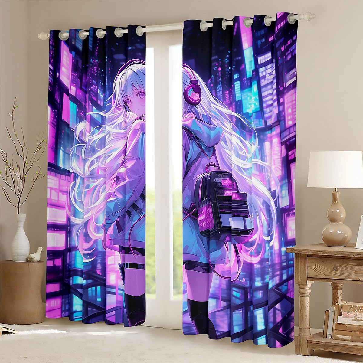 Erosebridal Japanese Girl Window Treatments Girly Anime 42" Wx63 L Window Curtain for Kids,Sci Fi Style Gaming Curtain Room Decor,3D Cartoon Anime Girl Curtains & Drapes