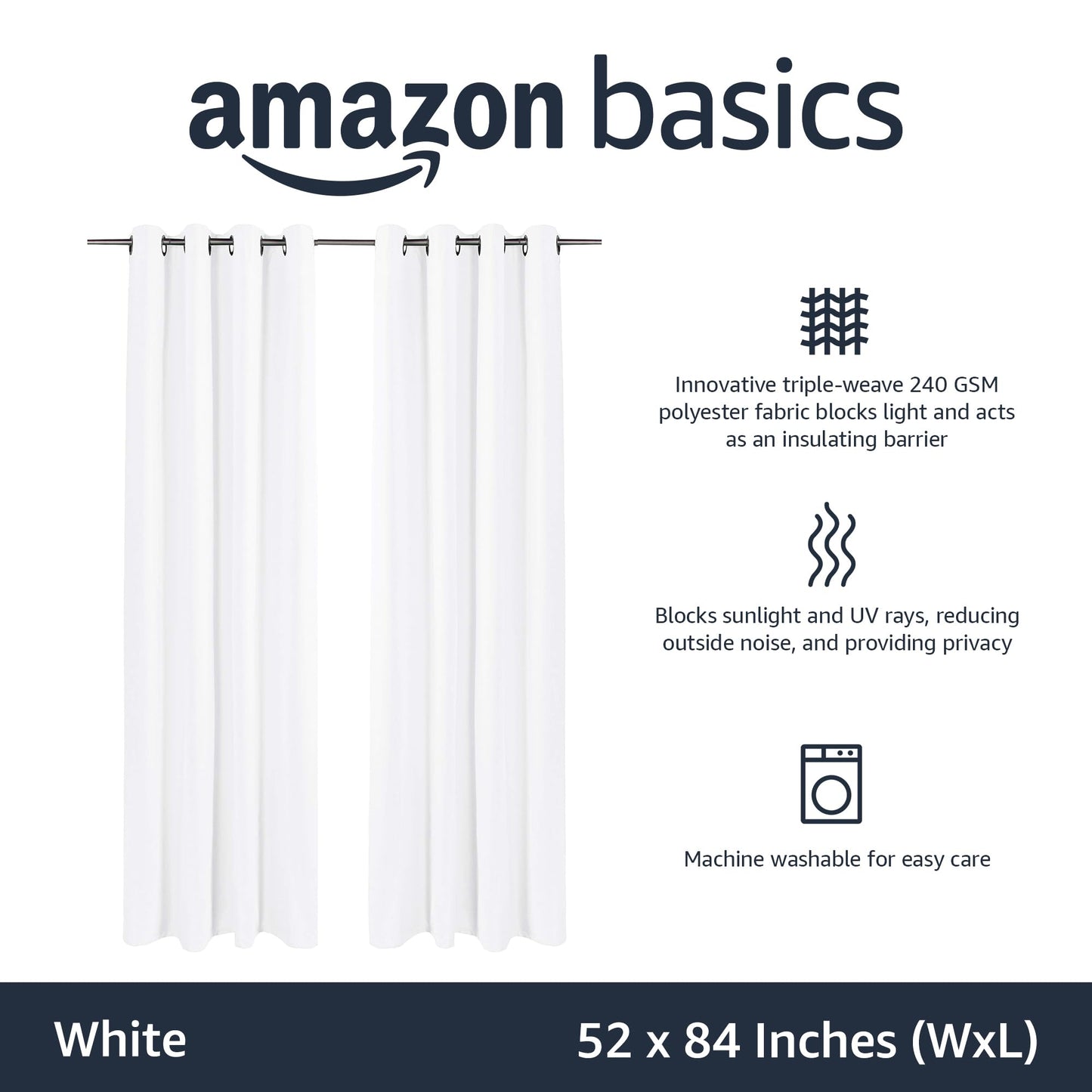 Amazon Basics Room Darkening Blackout Window Curtains 2 Panels with Grommets, for Living Room and Bedroom, 52 x 84 inches, White