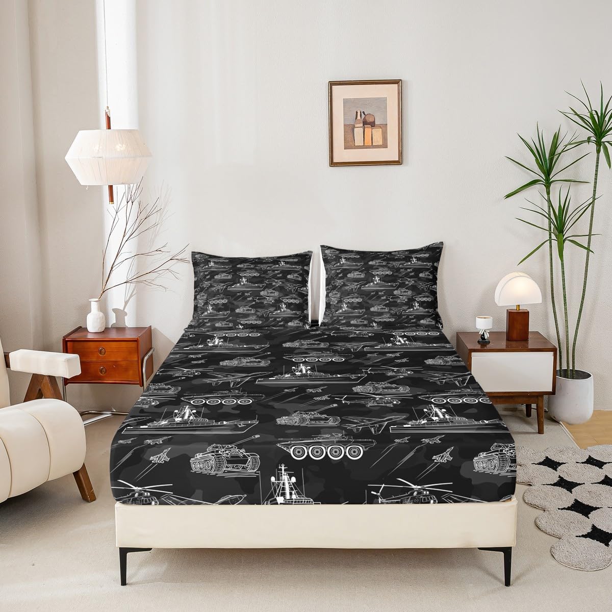 Manfei War Theme Fitted Sheet Full Size, Aircraft Tank Ship Bed Cover with 2 Pillowcases, Black Army Camouflage Bedding Set 3pcs for Kids Boys Teen Room Decor, Soft Polyester Bedding