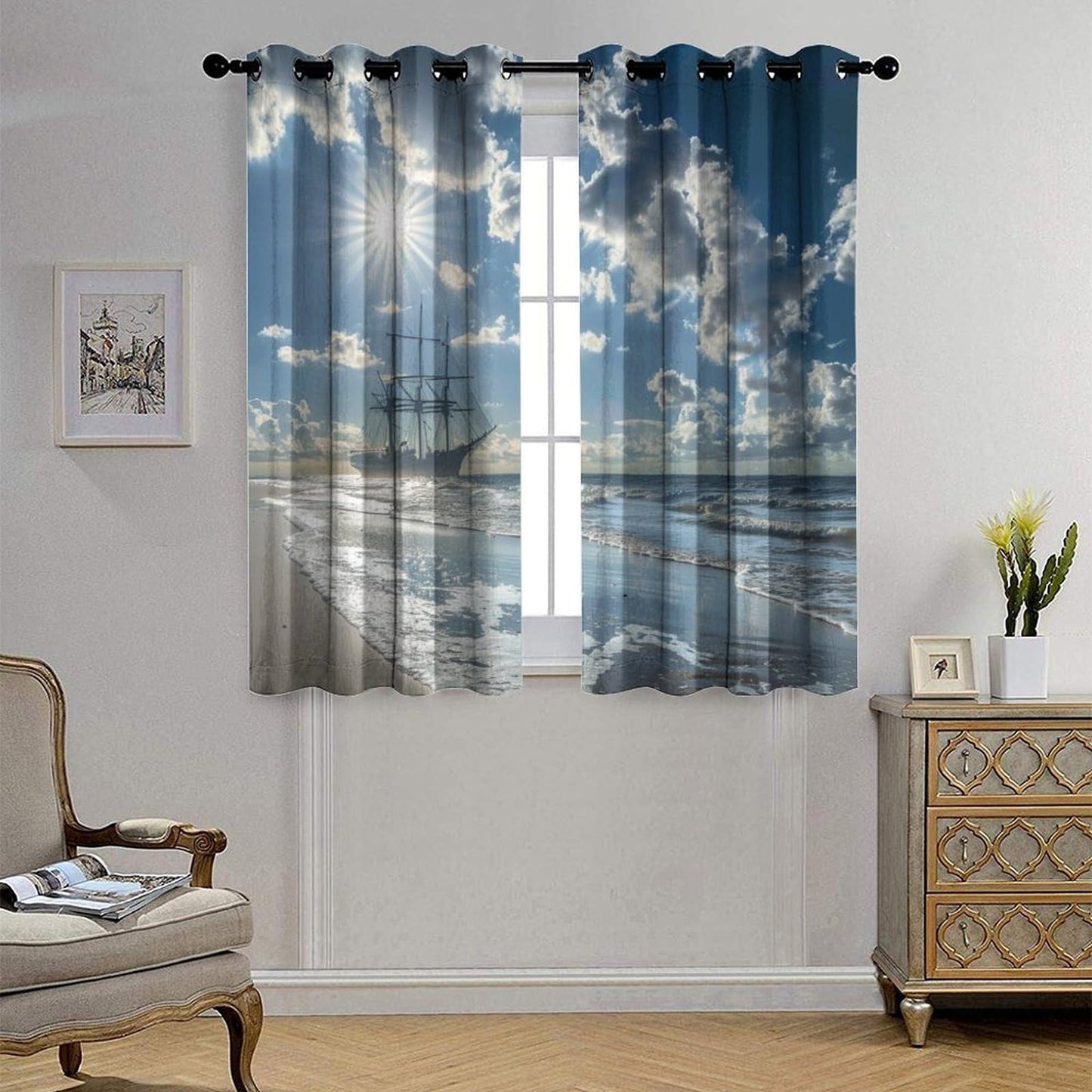 TOWINSFB Classic Ocean Sailboat Blackout Curtains for Bedroom/Living Room, Nature Sky Cloud Beach Grommet Curtains Thermal Insulated Window Drapes, 2 Panels, Each 21W x 63L