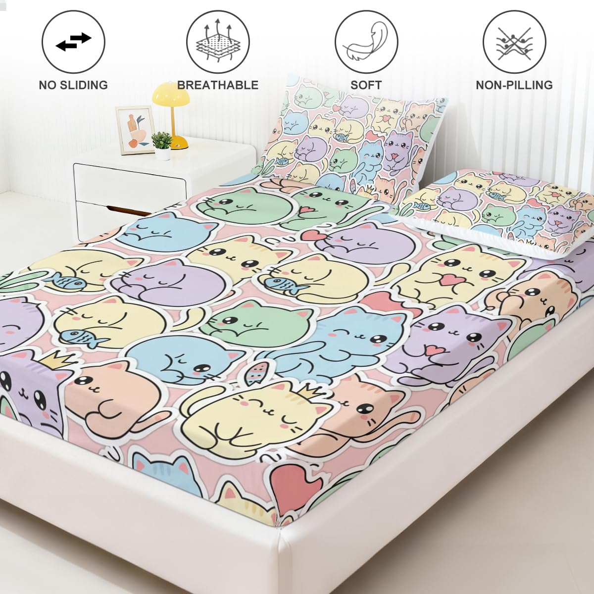 ARIGHTEX Cute Cat Fitted Sheet Set Twin Size, 3 Pieces Cozy Kawaii Bedding for Stress Relief Sleep, Pastel Cartoon Kitty Microfiber Deep Pocket Bed Sheets with 2 Pillowcases (No Flat Sheet)