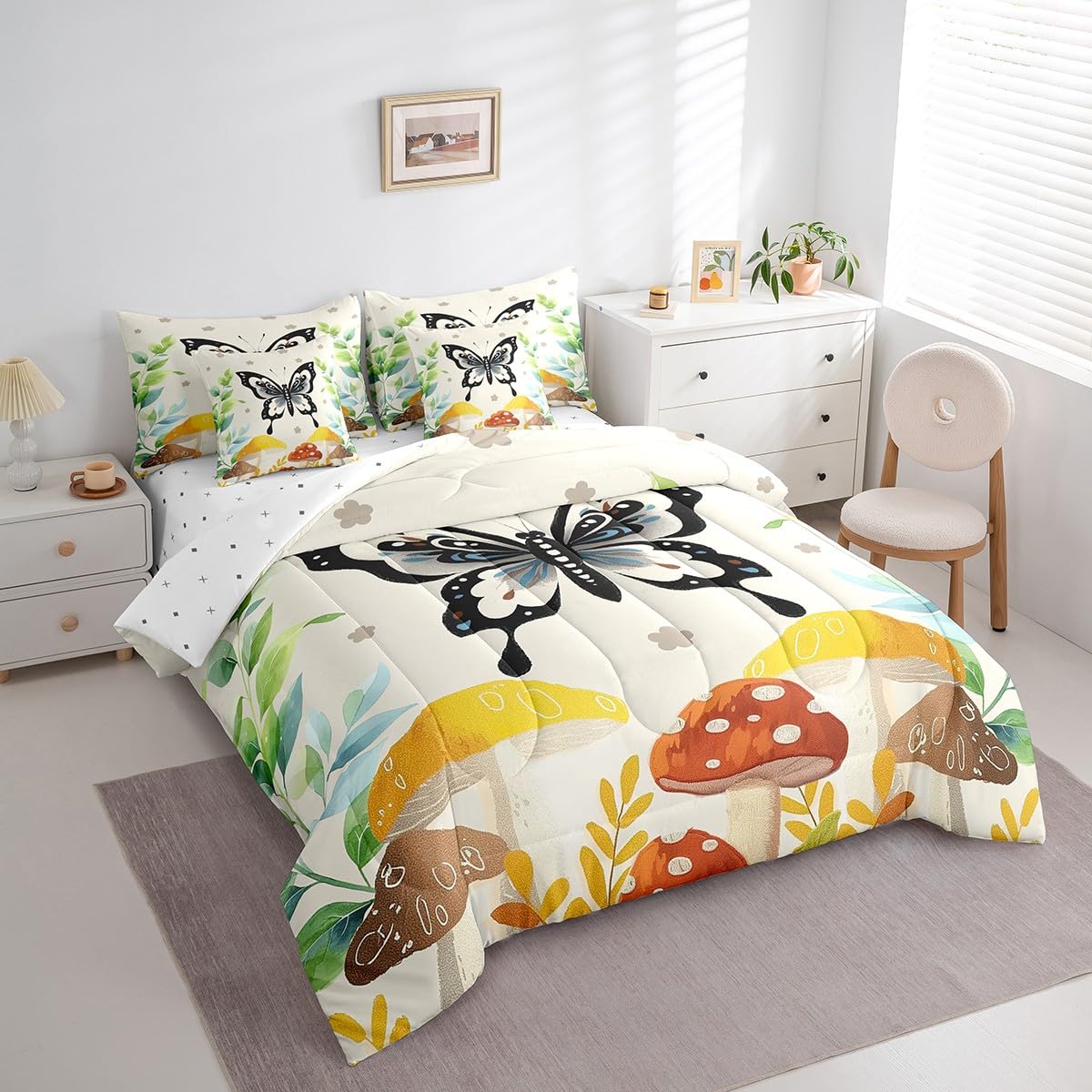 Feelyou Kids Butterfly Floral Bed in A Bag Twin Size, Bohemian 7 Pieces Bedding Set Boys Girls Cute Mushroom Comforter Set with Sheets Boho Exotic Teens Bed Set Bedroom Decor 7Pcs