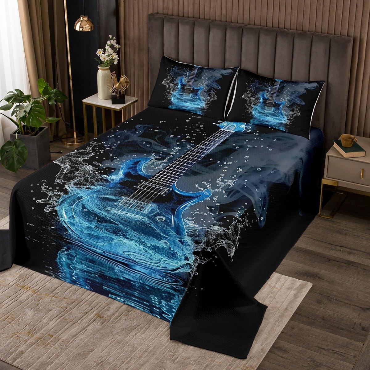 Homewish Music Guitar Bedding Sets King Size,Hip-pop Music Bedspread 3Pcs for Kids Girls Boys Adult Room Decor,Electronic Musical Quilt Comforter Blue Black Coverlet,2 Pillowcases