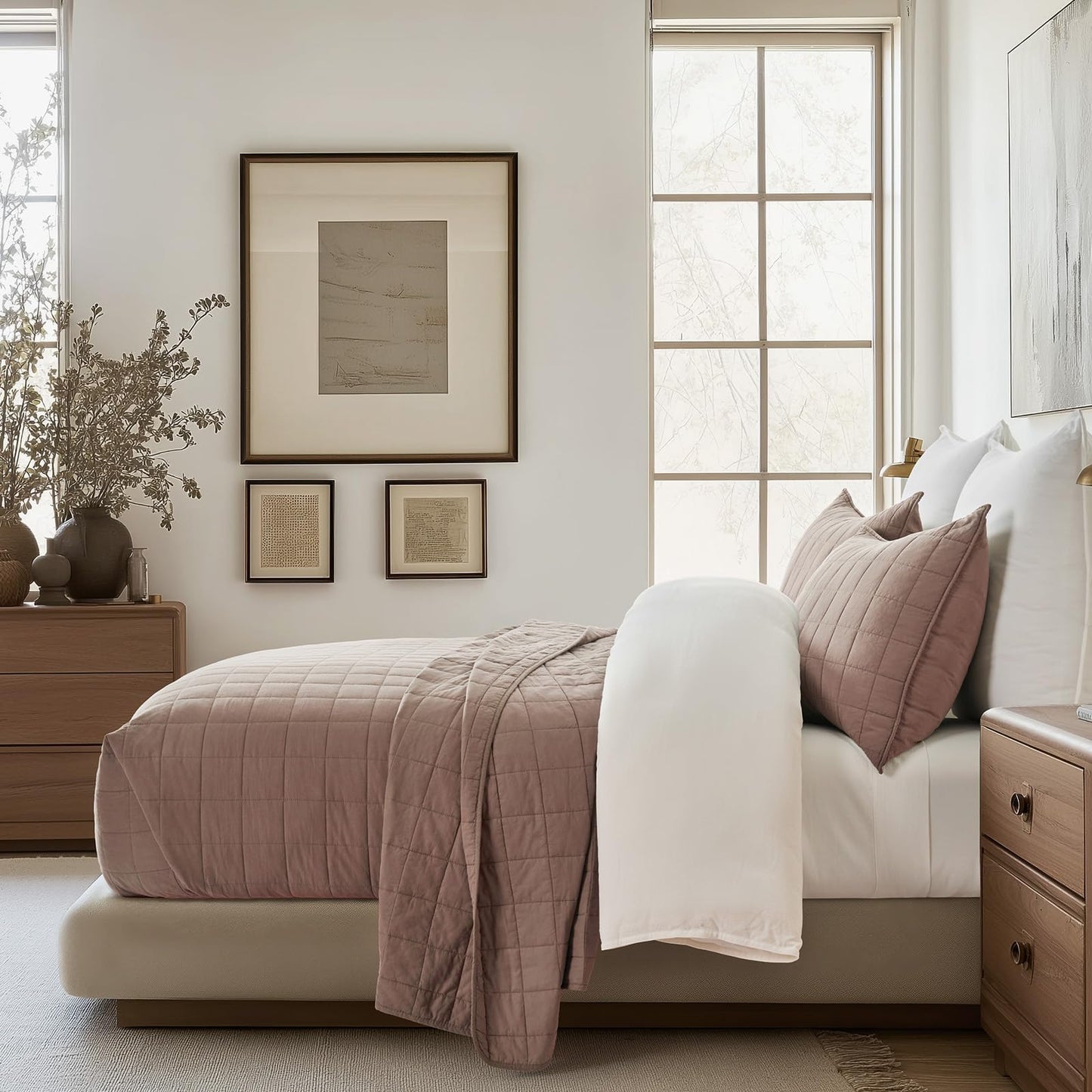 EVERGRACEHOME 100% Cotton Box Stitch Quilt Bedding Set Queen Size 3 Pieces, Garment-Washed Lightweight Soft Cozy Coverlet, Quilted Bedspread Sets with 2 Shams for All Season, Clay