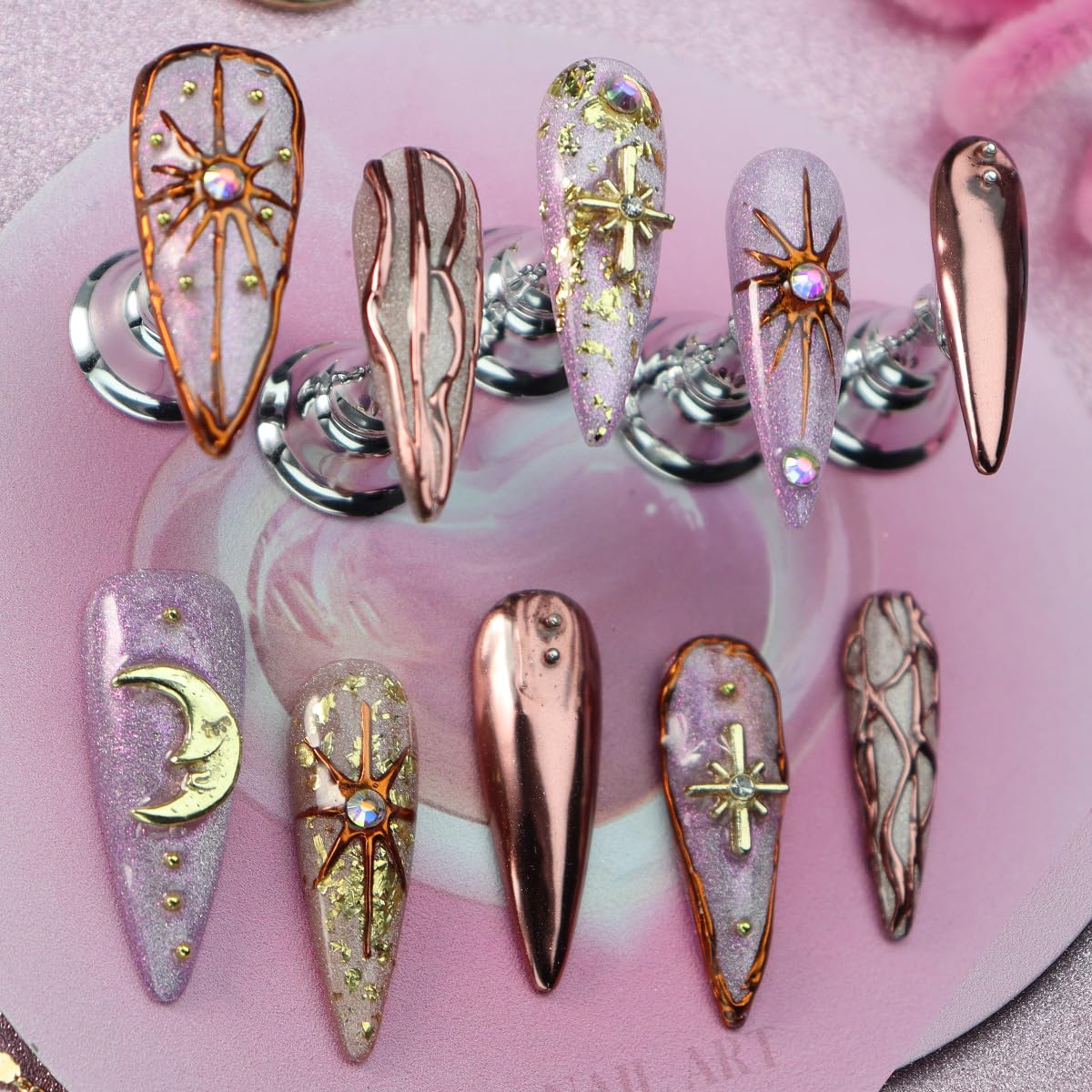 Star Moon Press on Nails Long Stiletto Fake Nails Pure Handcrafted Nail Mirror Effect Glue on Nails Glitter False Nail with Design Rhinestone Stick on Nail for Women Girls Luxury Manicure (L)