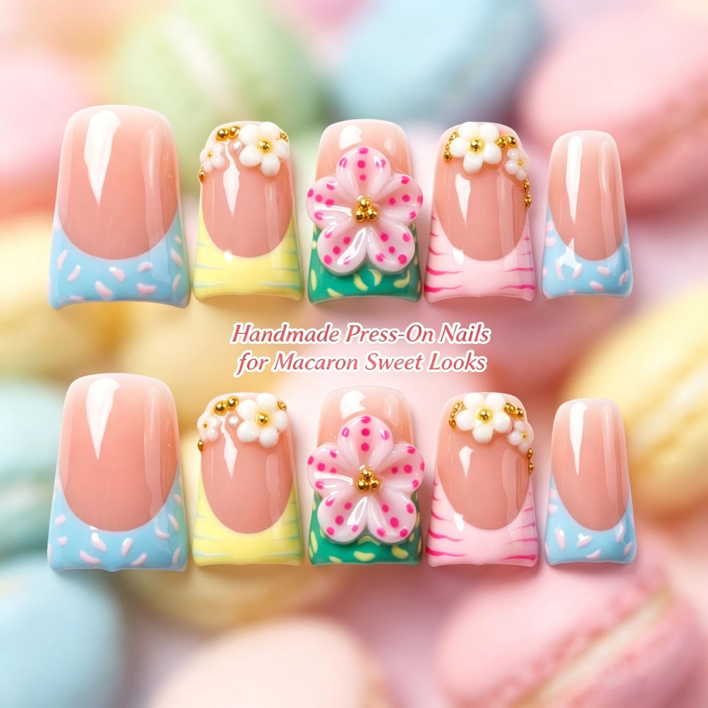 Handmade Press on Nails 3D Cute Glue on Nails for Women, Luxury Duck Nail Art Design, Fake Nails with 3D Nail Charms Size M 9