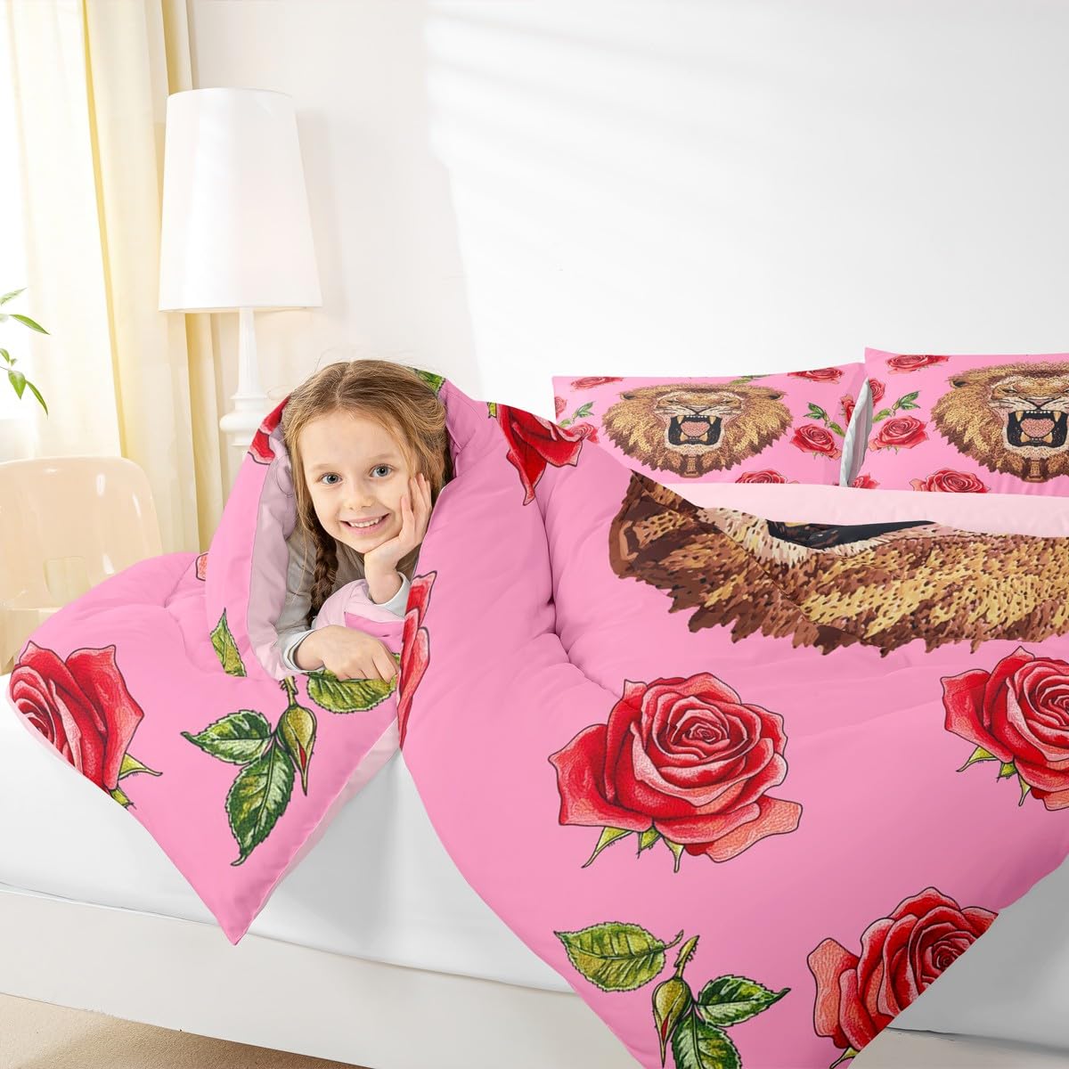 Erosebridal Lion Roses Comforter Set Twin Size Wild Flowers Bedding Set for Kids Girls BoysSafari Animal Comforter Pink Garden Farm Quilt Bedroom Decor