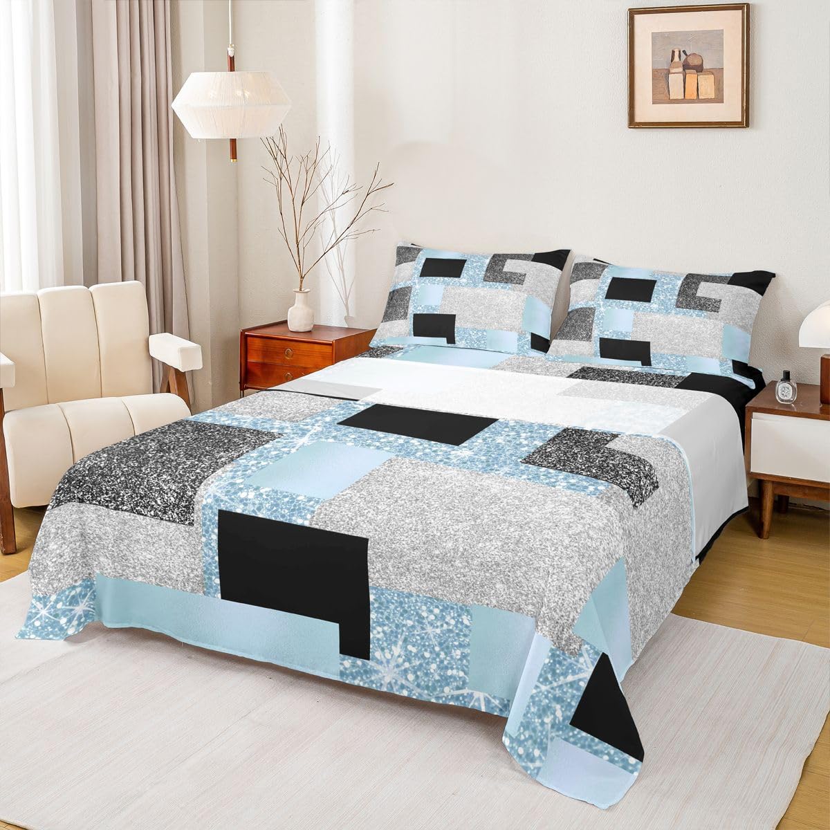 Feelyou Modern Abstract Bed Sheets Set Queen Size Geometric Aesthetic Bed Set for Kids Boys Girls Blue Glitter Deep Pocket Fitted Sheet Breathable Soft Lightweight Microfiber