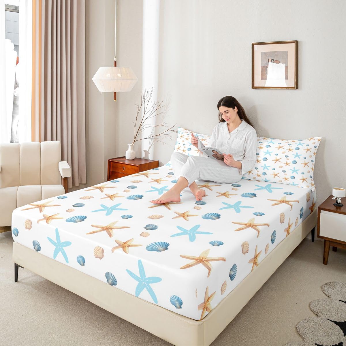 Castle Fairy Khaki Starfish Fitted Sheet Queen Size (No Flat),Blue Shell Bedding Sets 3Pcs,Girls Boys Adult Room Decor,Ocean Life Bed Cover Hawaii Beach Deep Pocket Sheet,2 Pillowcases