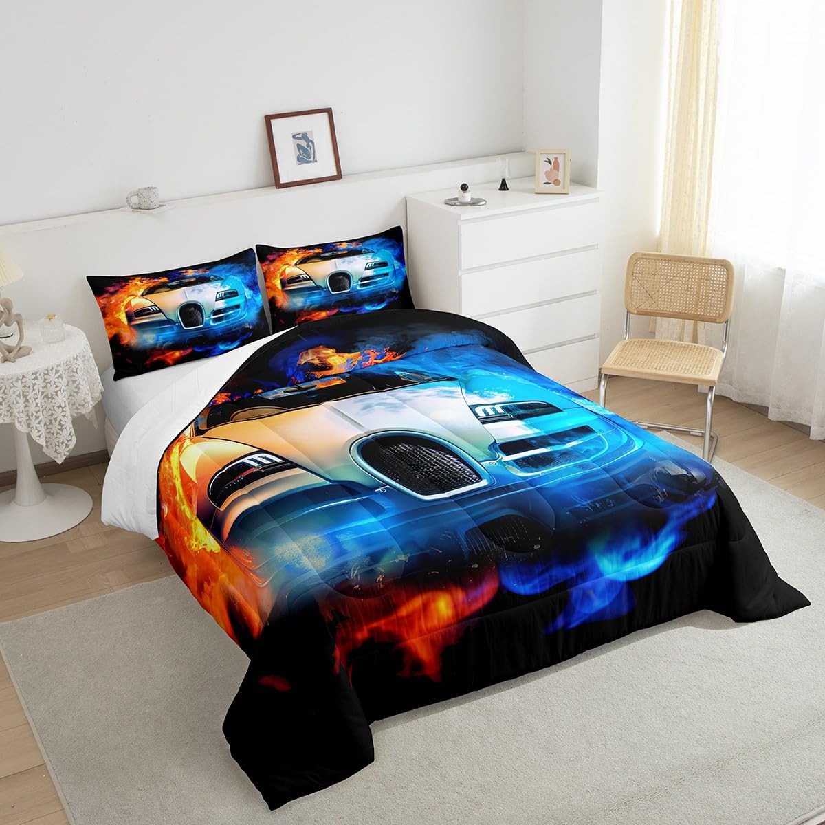 Feelyou Kids Sports Car Bedding Set Luxury Yin Yang Race Car Bedding Set for Boys Girls Men Extreme Sports Theme Comforter Cool Speed Racing Car Comforter Set Bedroom Collection 2Pcs Twin Size